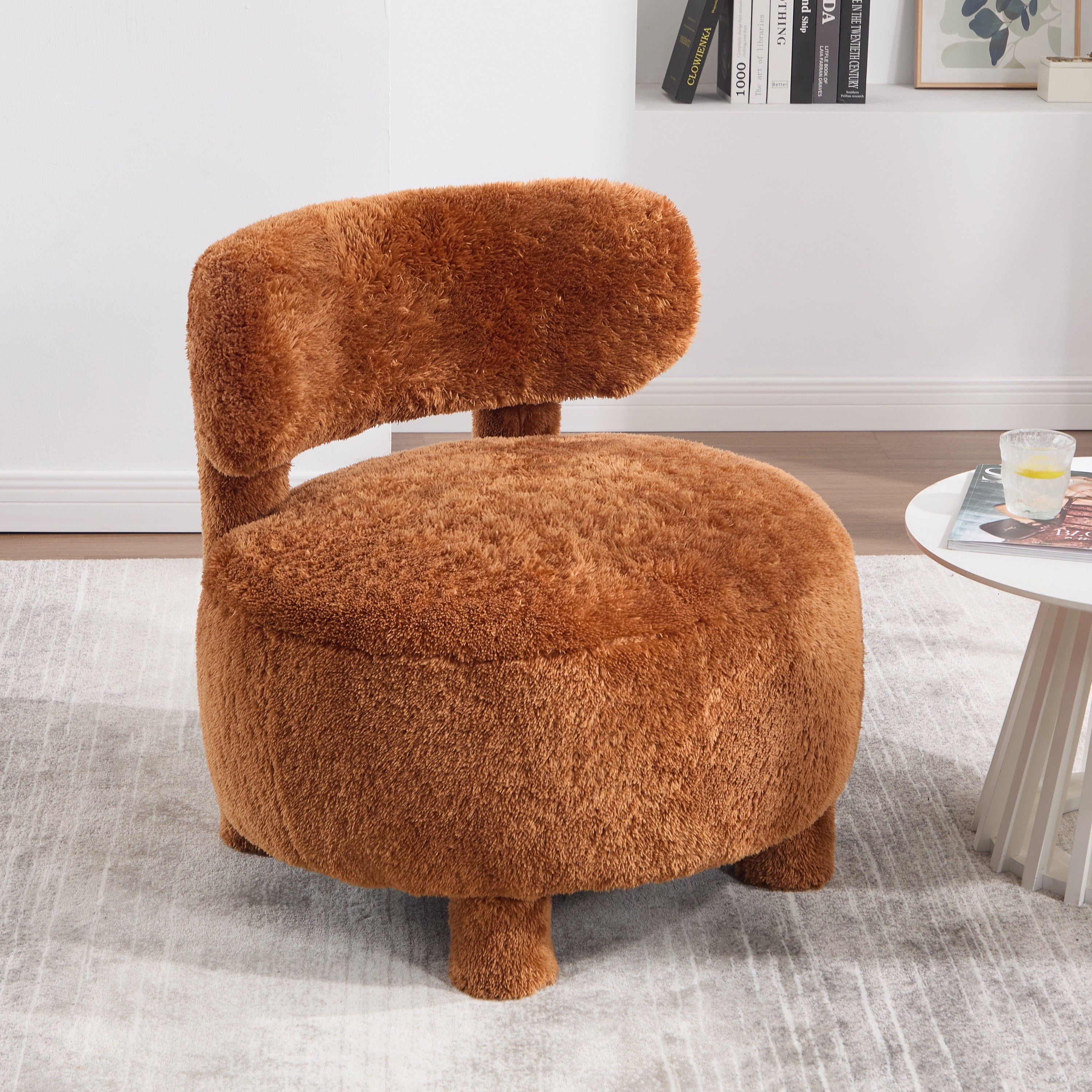 Fuzzy Armless Accent Chair with Curved Backrest and Solid Wooden Legs