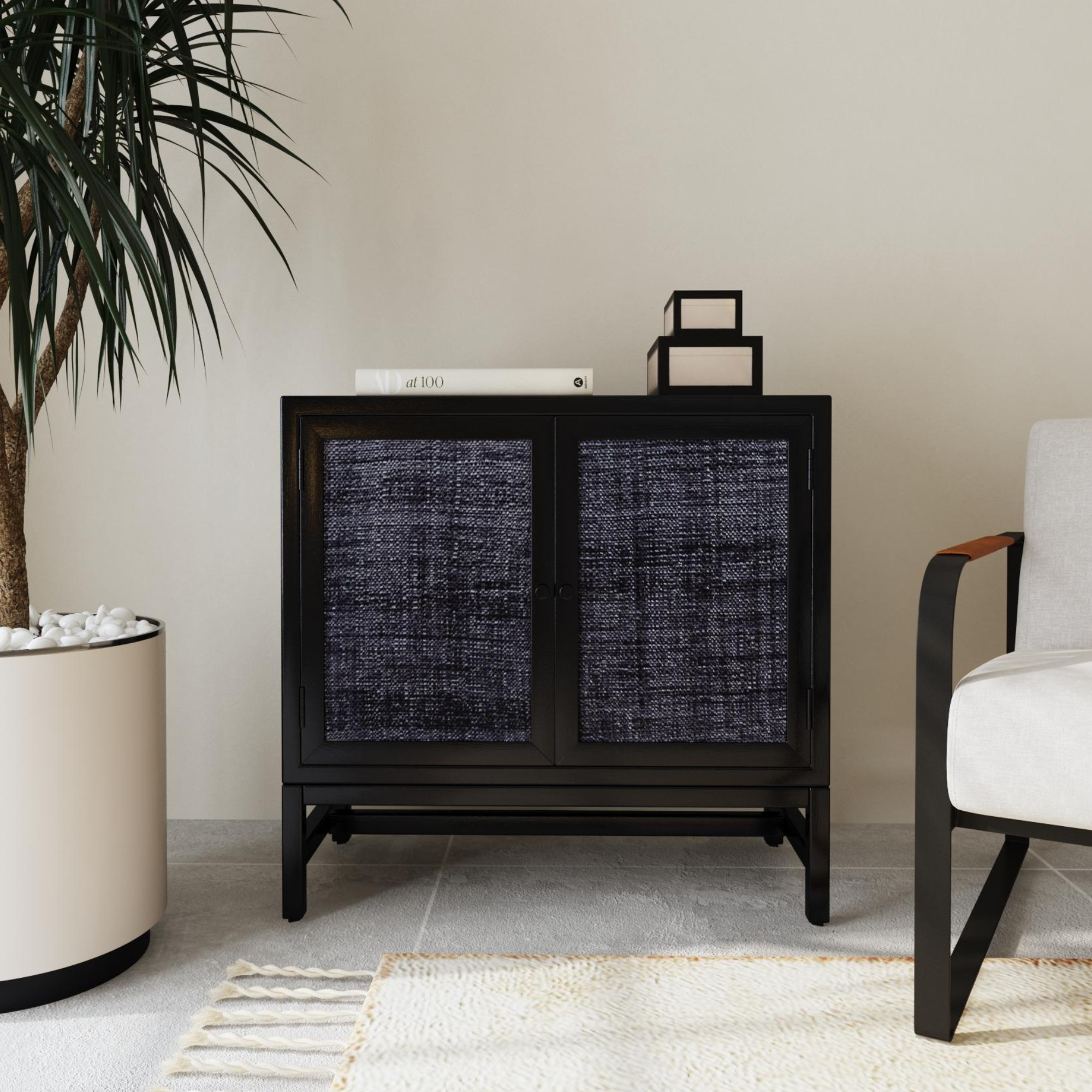 Raffia Paneled 2 Door Storage Cabinet, Black