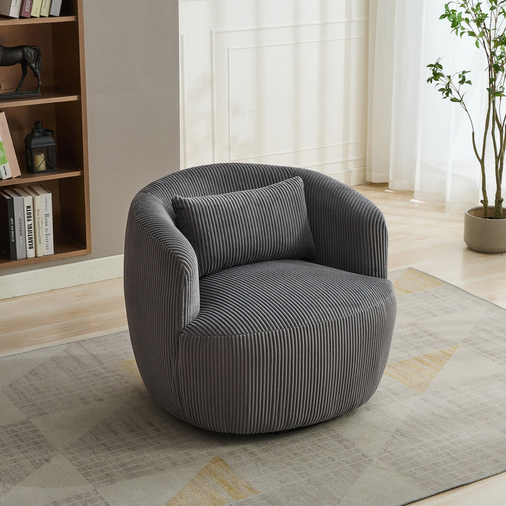 Wide Upholstered Corduroy 360° Swivel Barrel Soft Accent Chair with Pillow