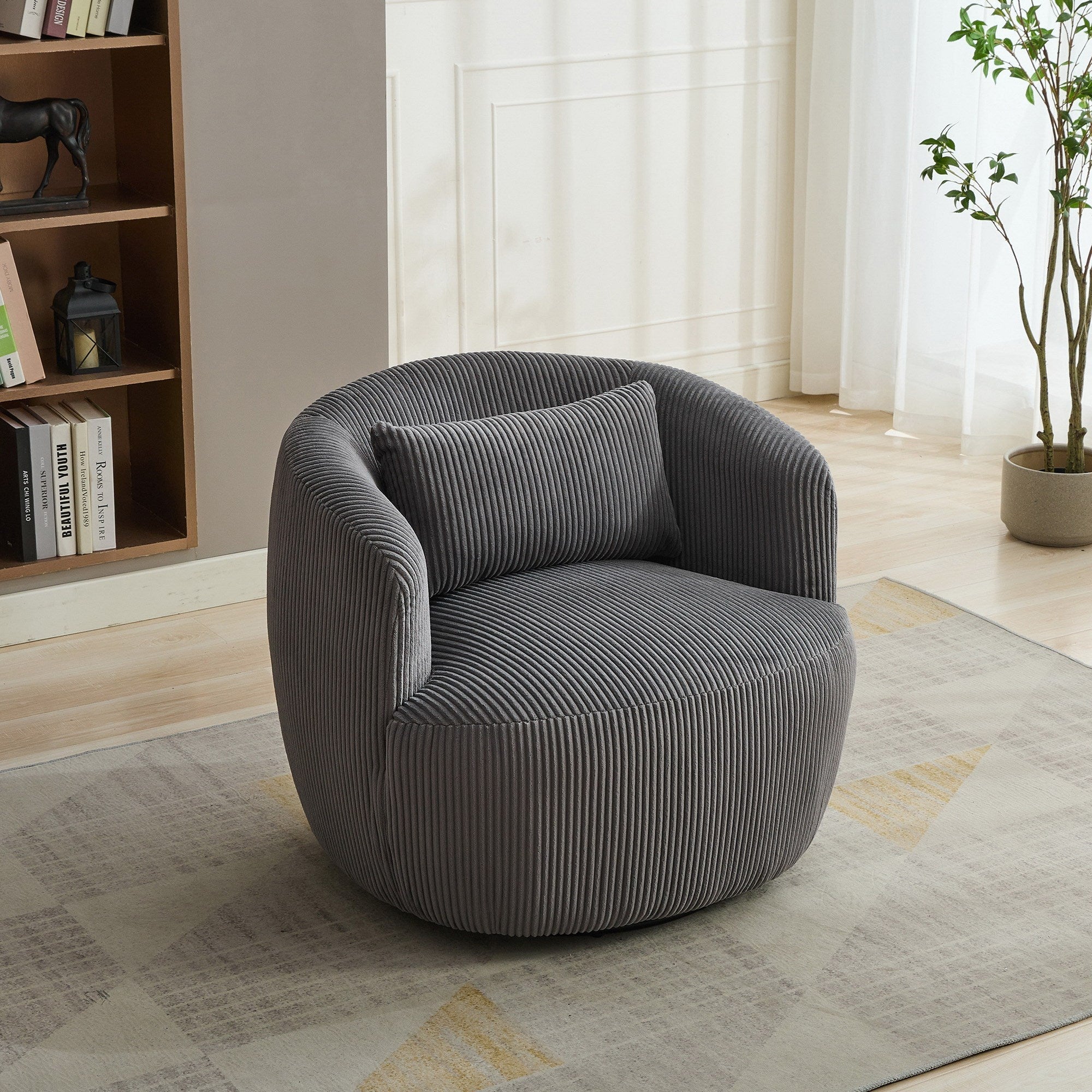 Wide Upholstered Corduroy 360° Swivel Barrel Soft Accent Chair with Pillow