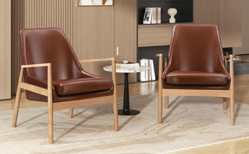 Brown Faux Leather Mid-Century Modern Armchair with Solid Wood Frame, Set of 2