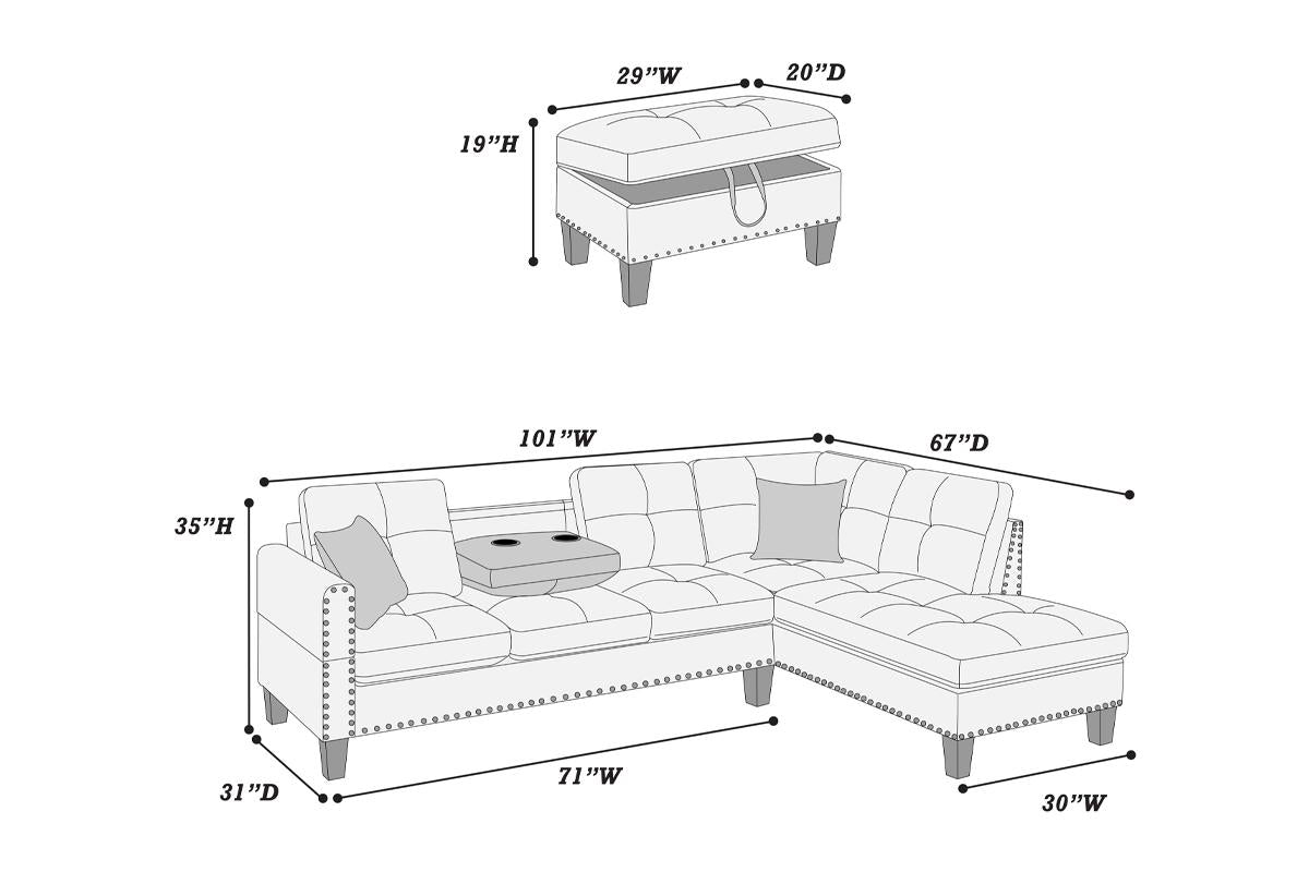 Canapé sectionnel Nassau 3 pièces avec pouf de rangement - Gris clair