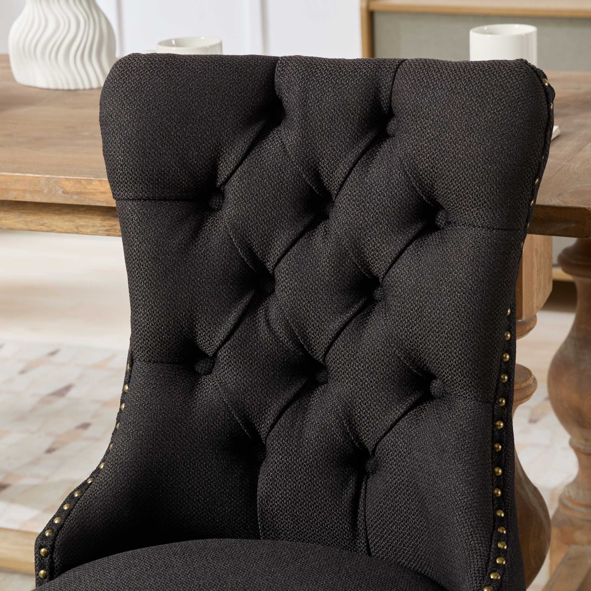 Rosewick Modern Tufted Linen Nailhead Trim Solid Wood Upholstered Dining Chair with Black Legs, Set of 2