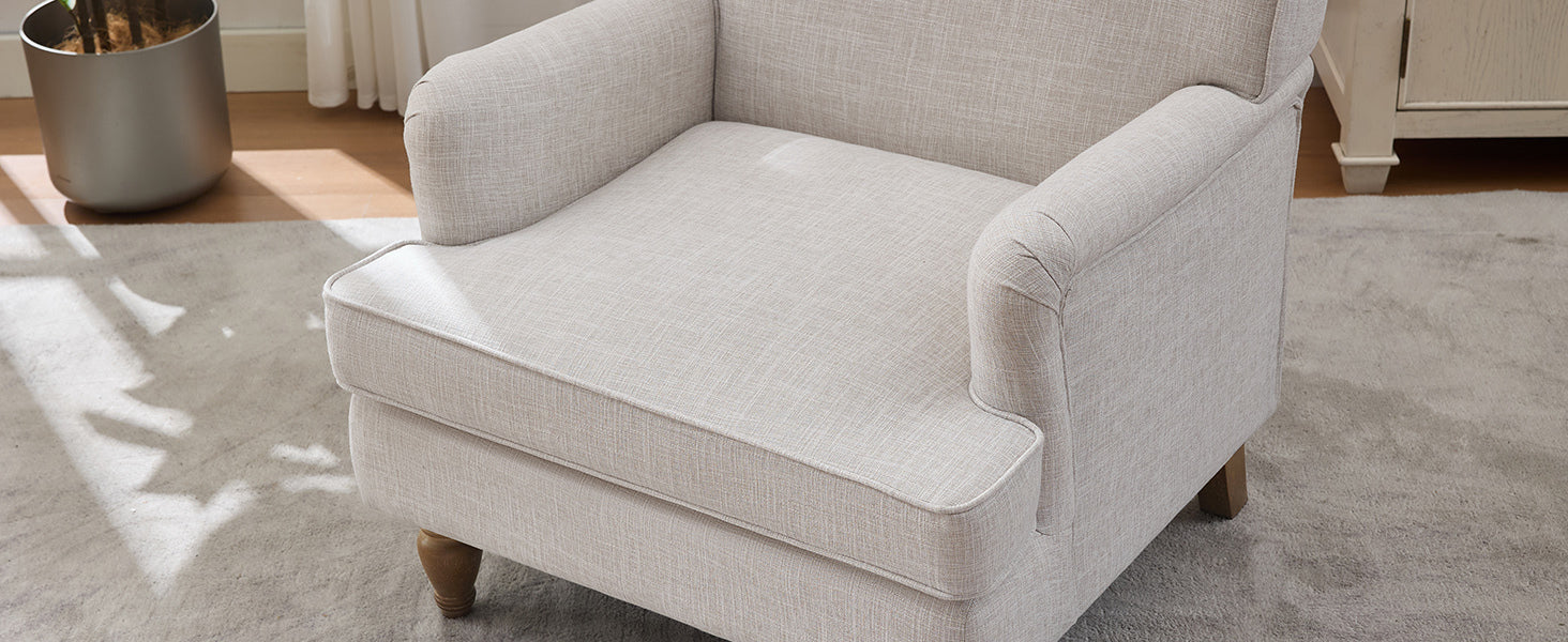 Benton Upholstered Linen Fabric Armchair with Antique Solid Wood Legs
