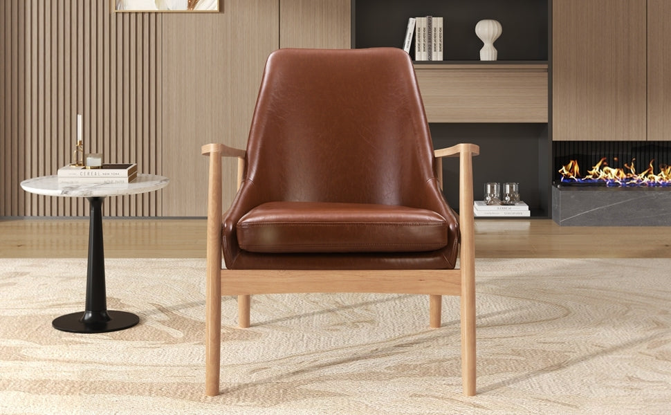 Faux Leather Mid-Century Modern Armchair with Solid Wood Frame