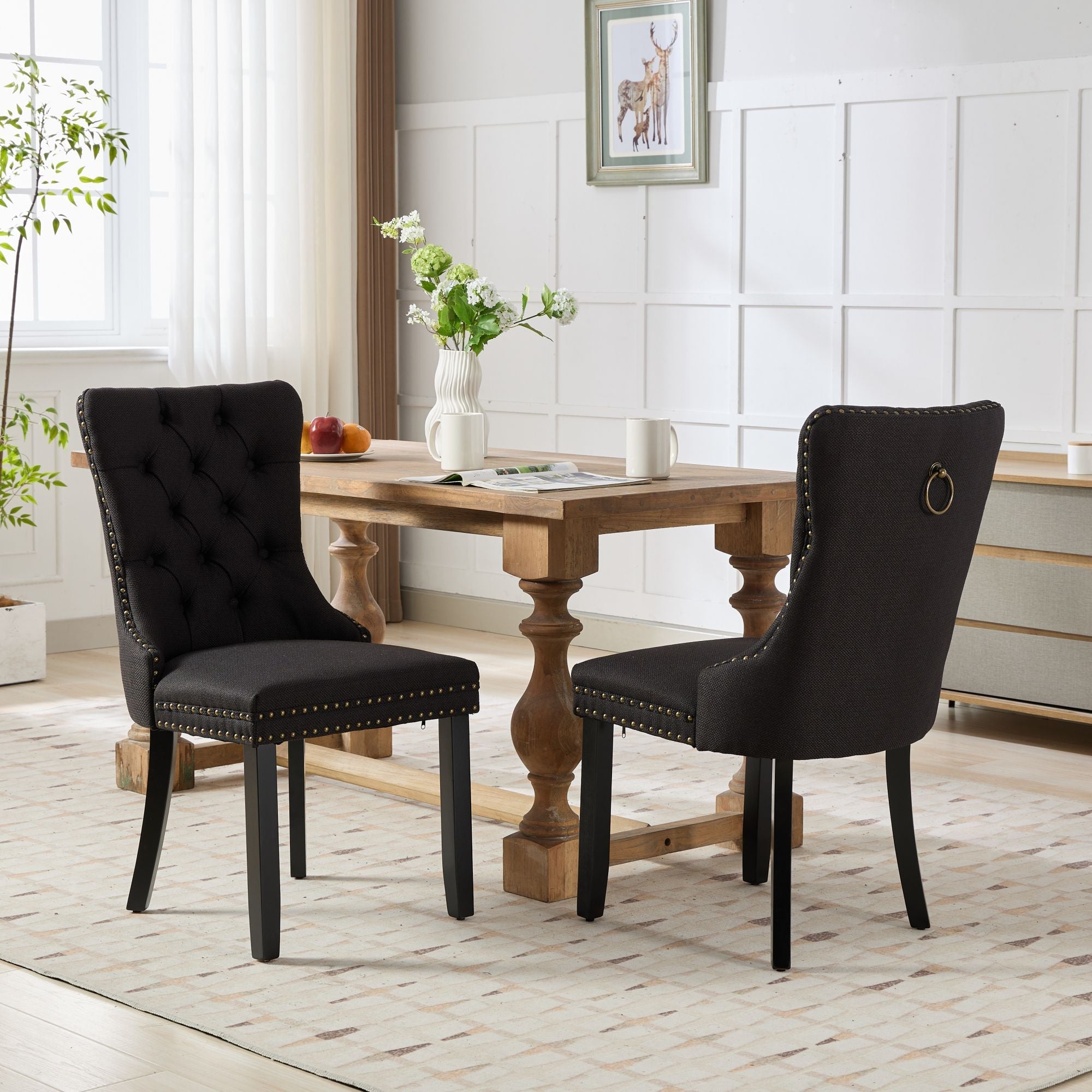 Rosewick Modern Tufted Linen Nailhead Trim Solid Wood Upholstered Dining Chair with Black Legs, Set of 2
