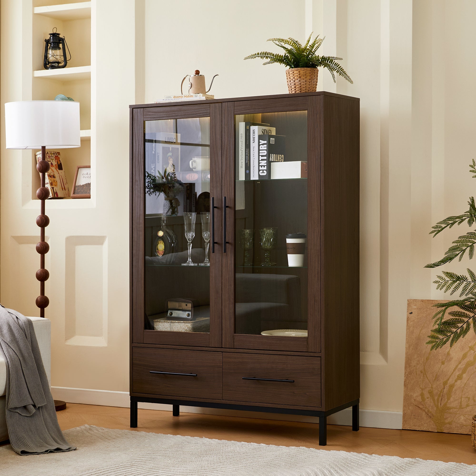 Wide Farmhouse Storage Cabinet with 4-Tier Adjustable Glass Shelves