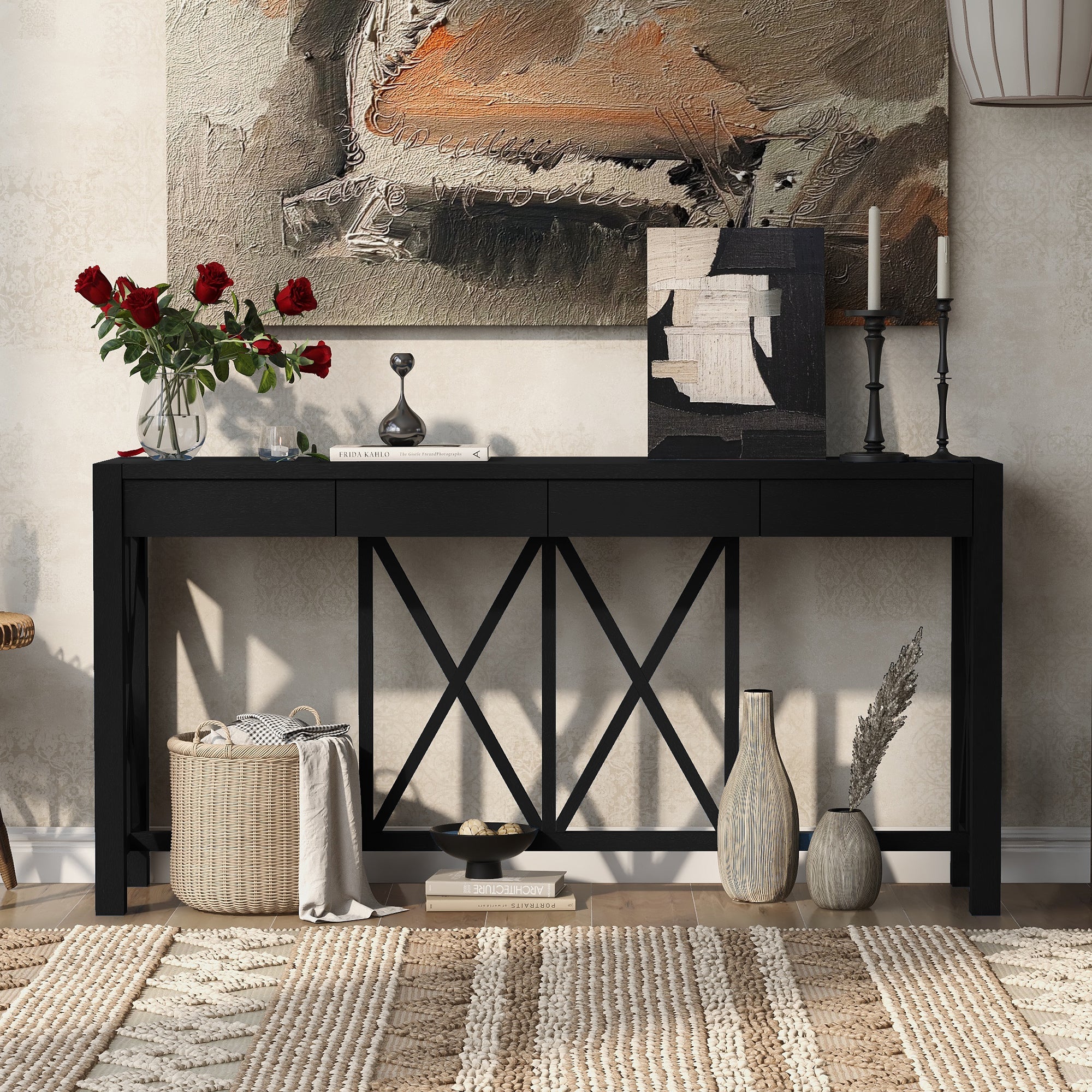 Modern Crisscross Design Entryway Table with Open Bottom Storage