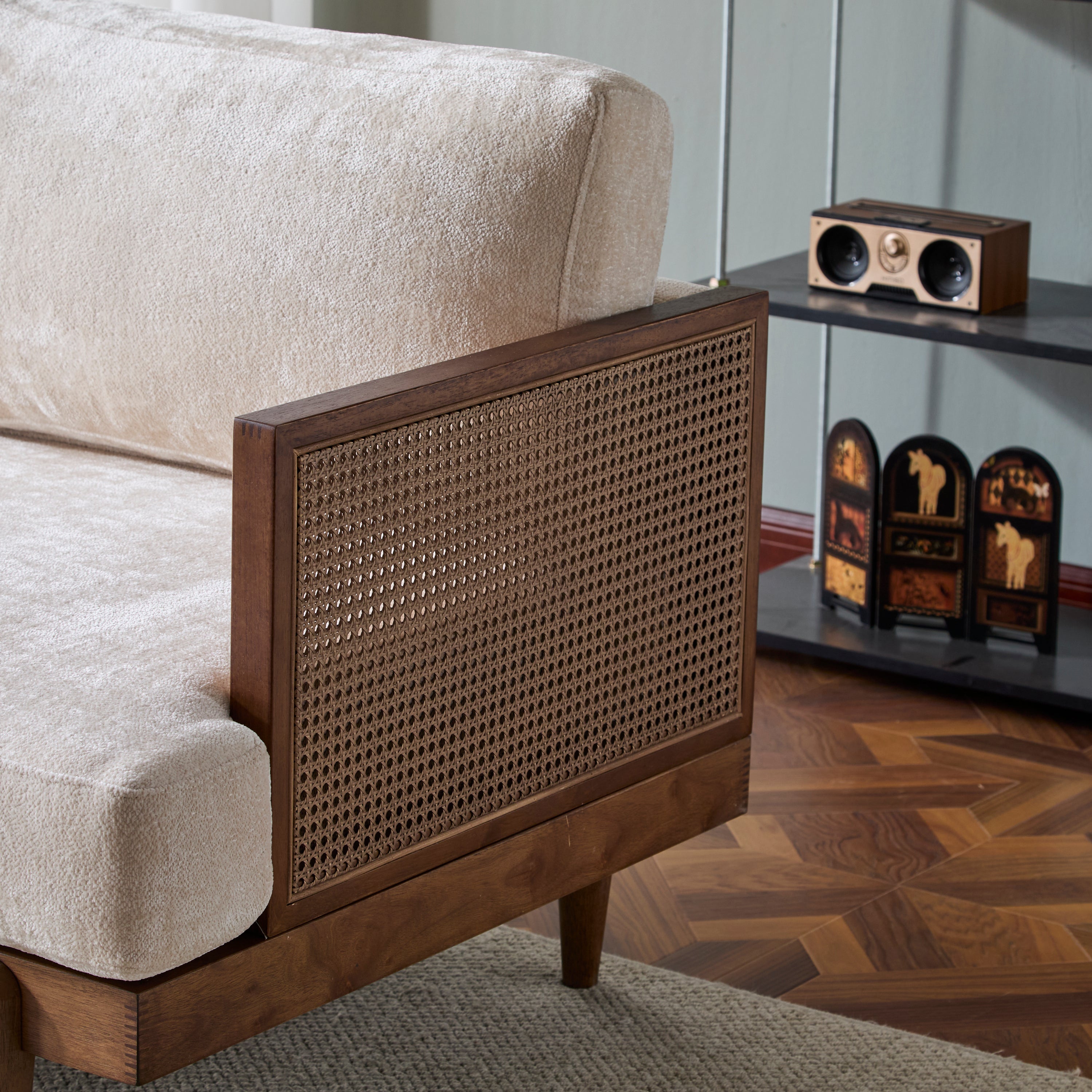 Square Arm 3-Seater Sofa with Cane Rattan and Wooden Frame