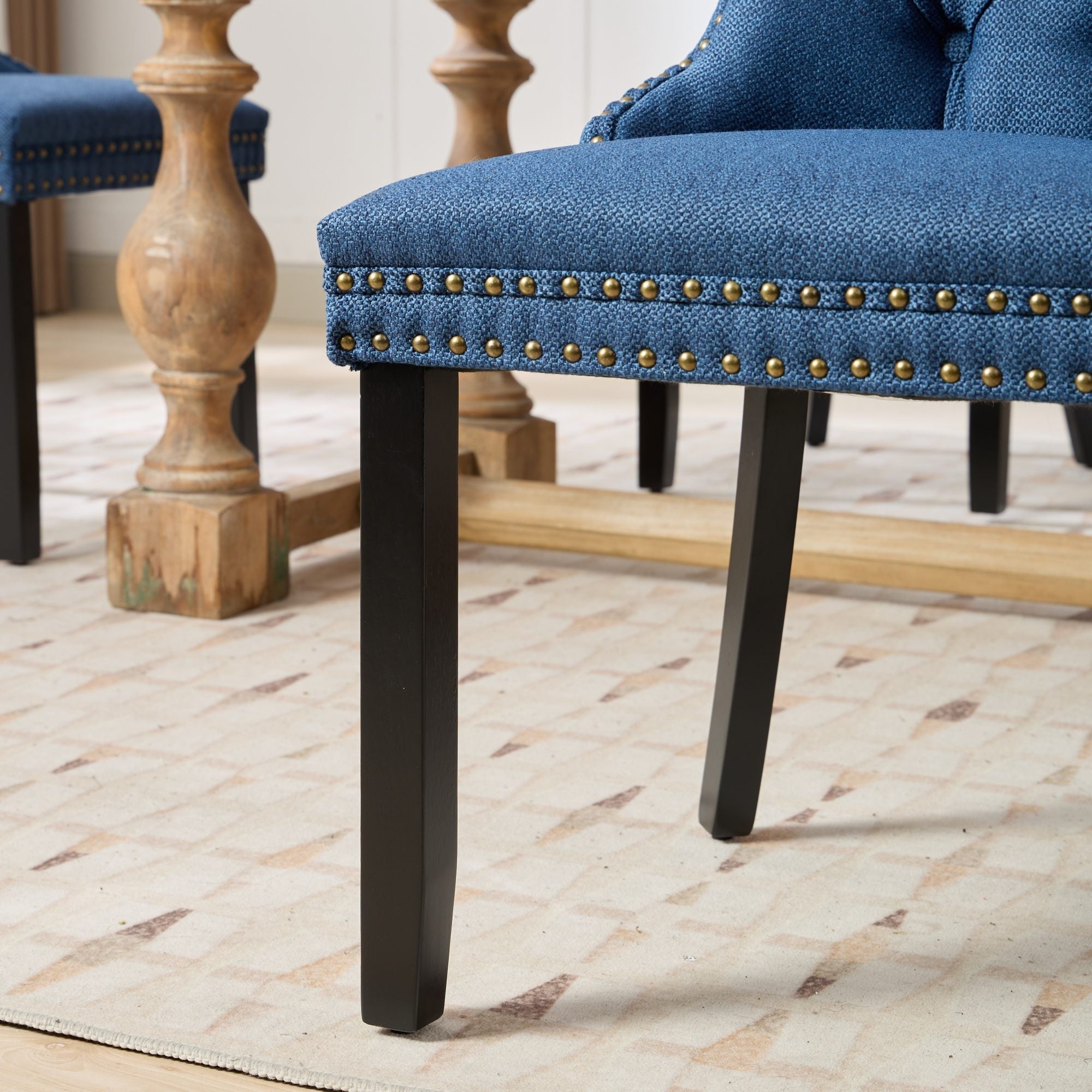 Rosewick Modern Tufted Linen Nailhead Trim Solid Wood Upholstered Dining Chair with Black Legs, Set of 2