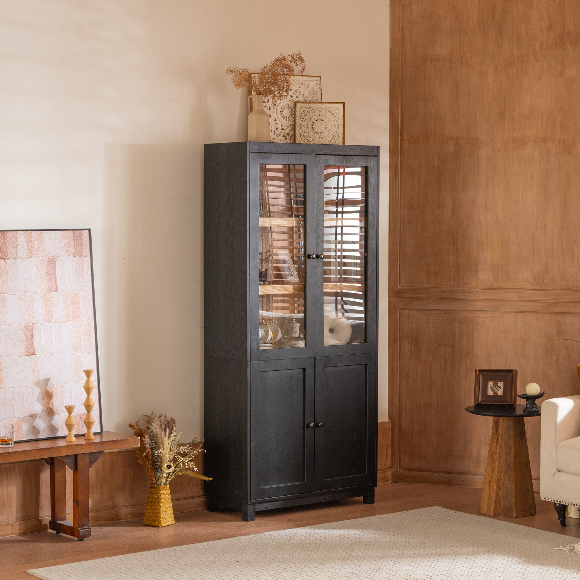 Mid-Century Modern Style Tall Display Cabinet with Glass Doors