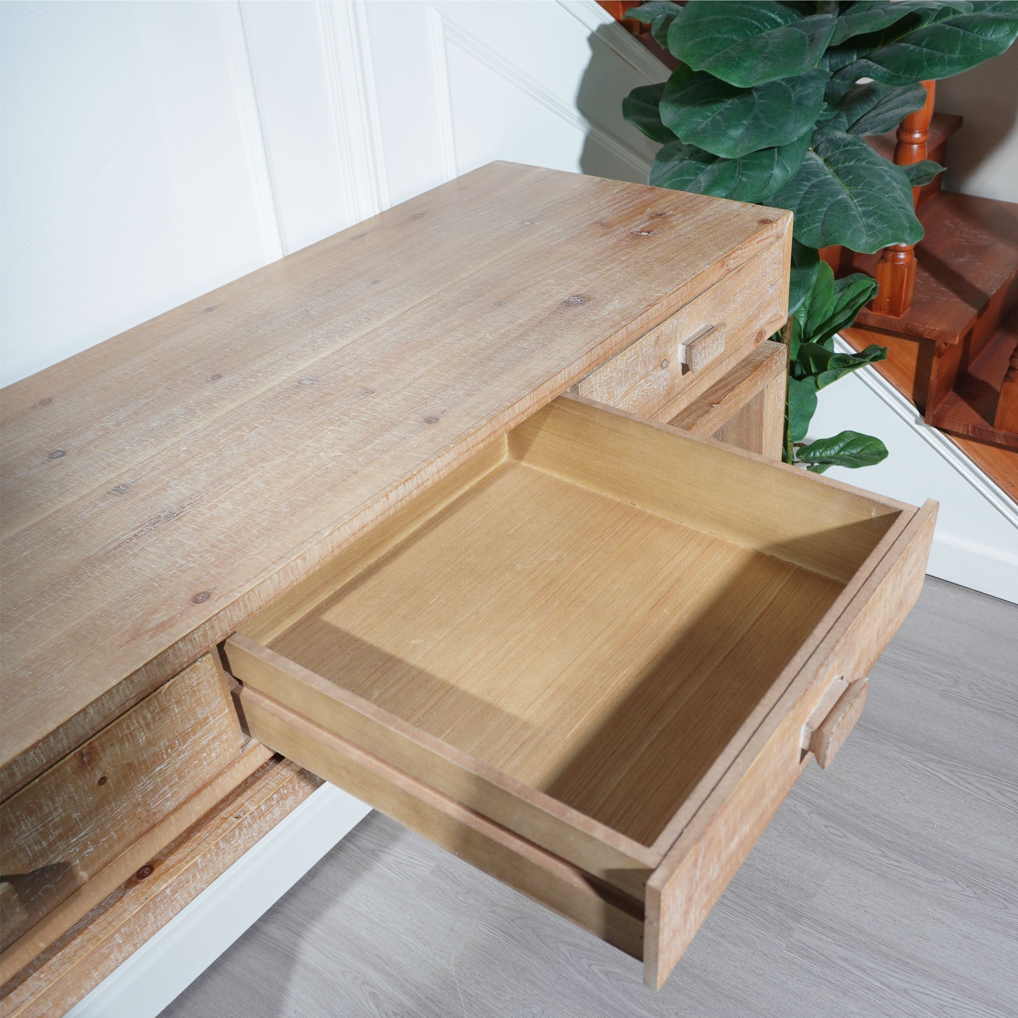 Rustic Natural & Light Brown Finish Wood Console Table with 3 Drawers