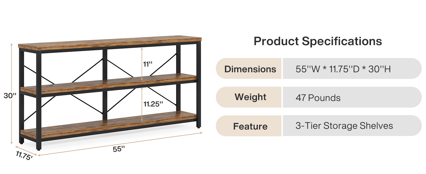 Granton Industrial 3-Tier Console Table with Storage Shelves
