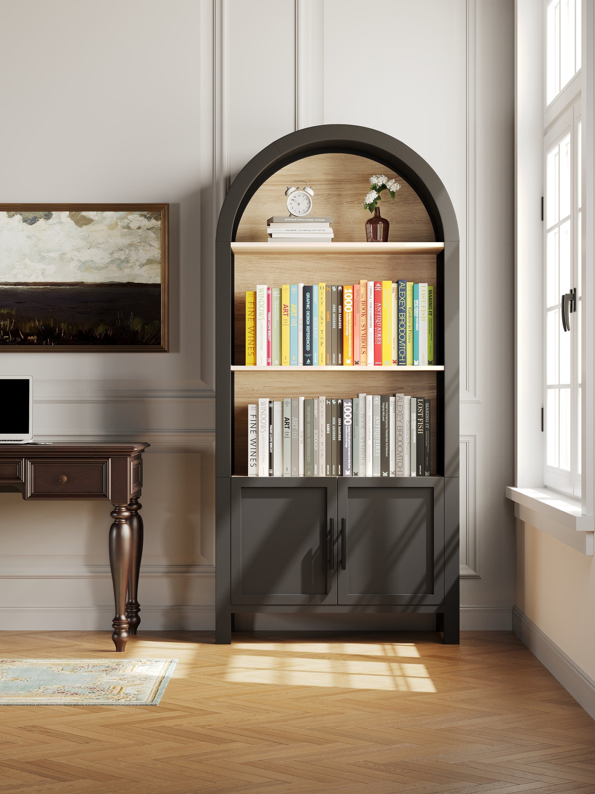 Grantham Arched 3-Tier Bookcase Cabinet with Door