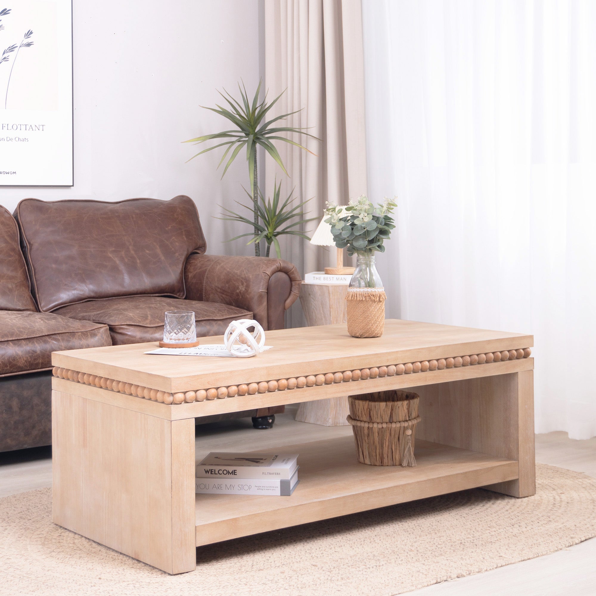 Modern Wood Coffee Table with Beaded Trim
