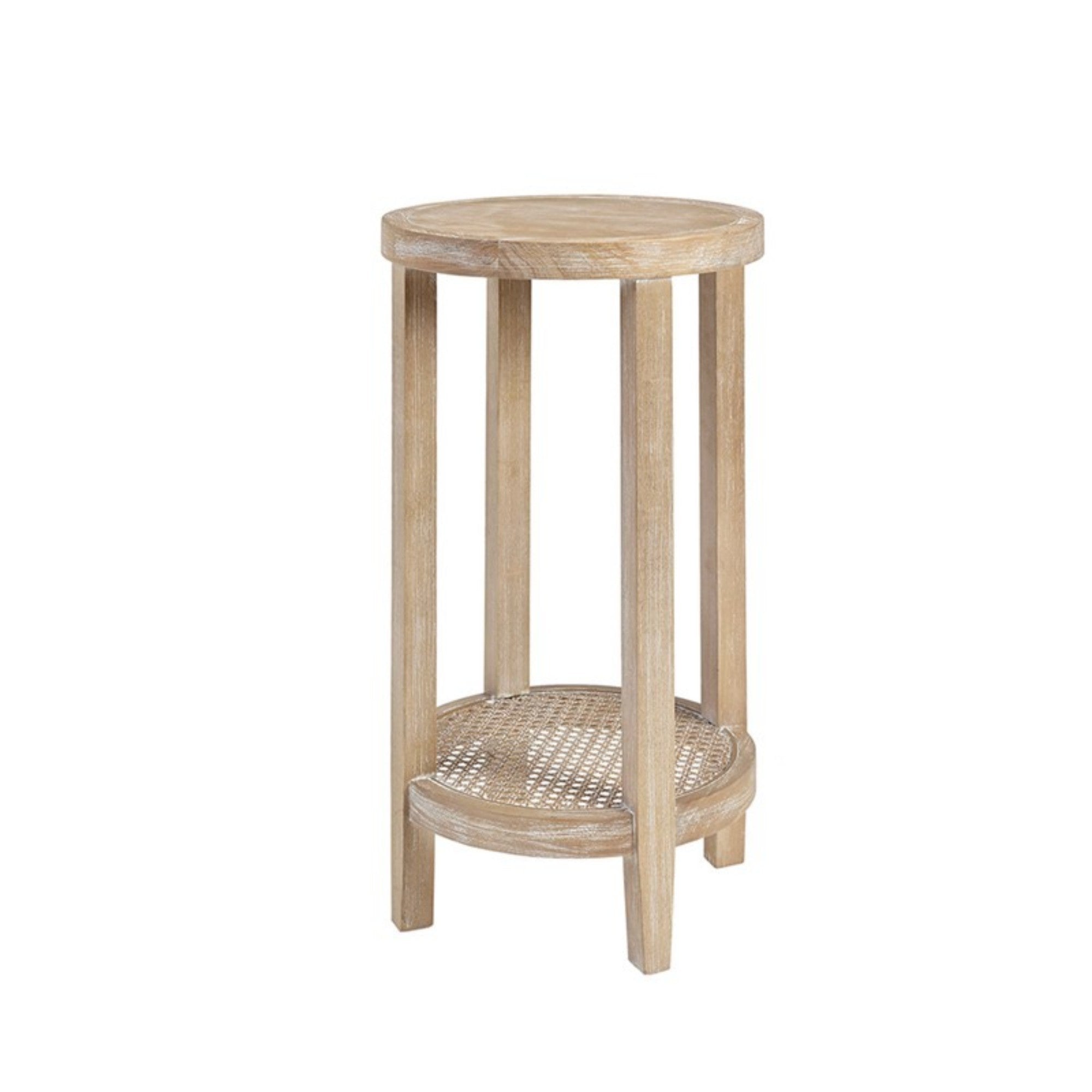 Bedford Round Accent Table with Rattan Shelf
