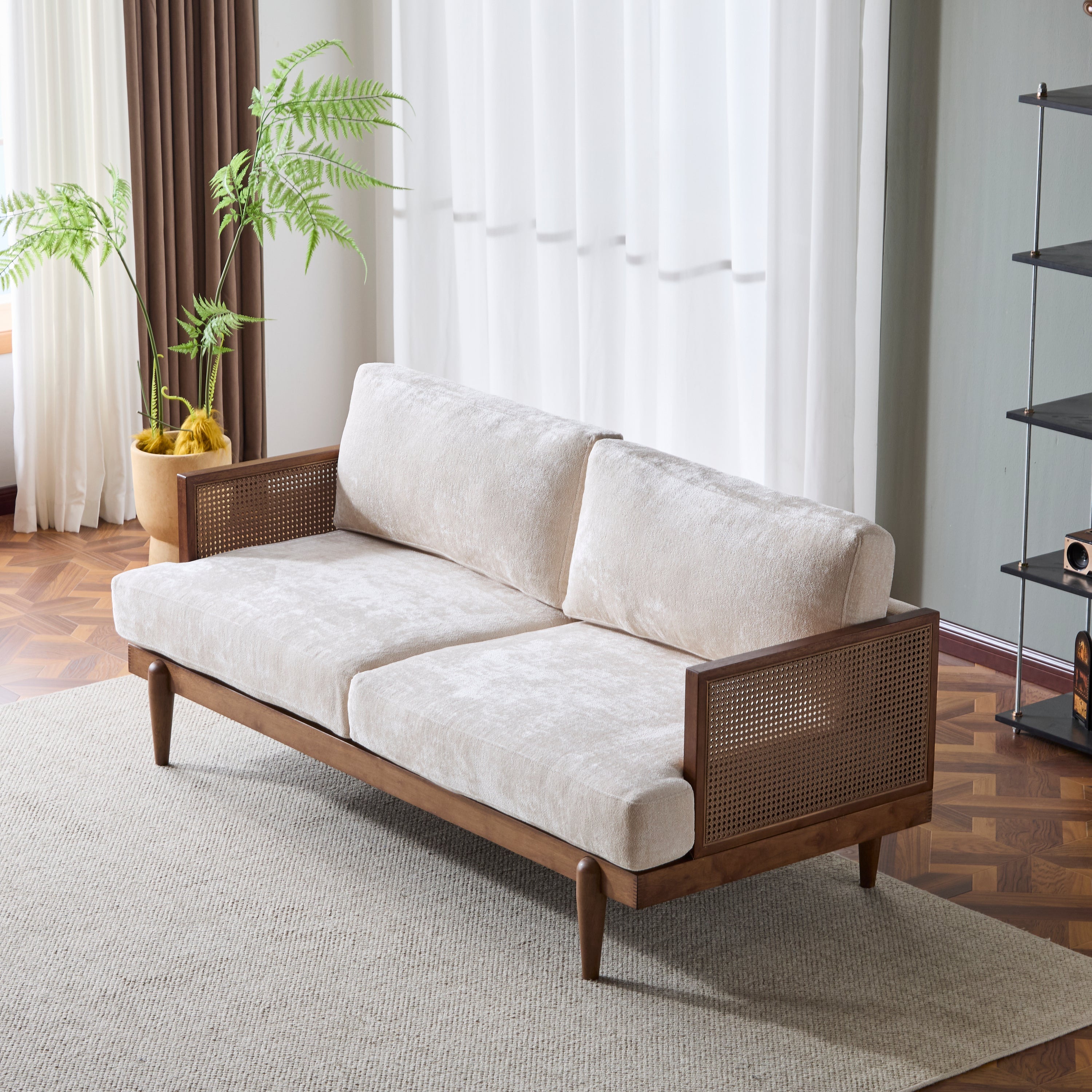 Square Arm 3-Seater Sofa with Cane Rattan and Wooden Frame