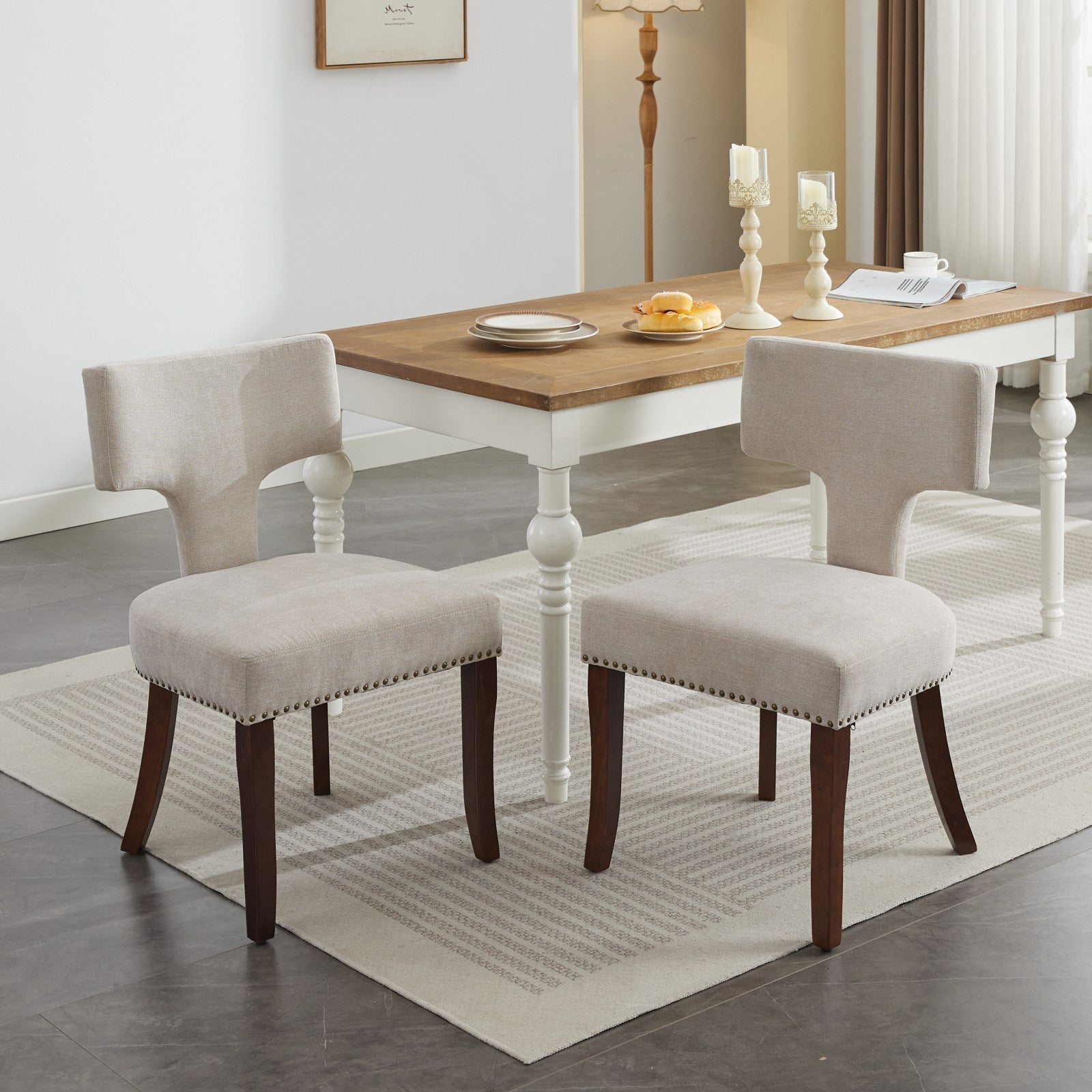 Mid Century Modern T-Back Dining Chairs with Nailhead Trim, Set of 2