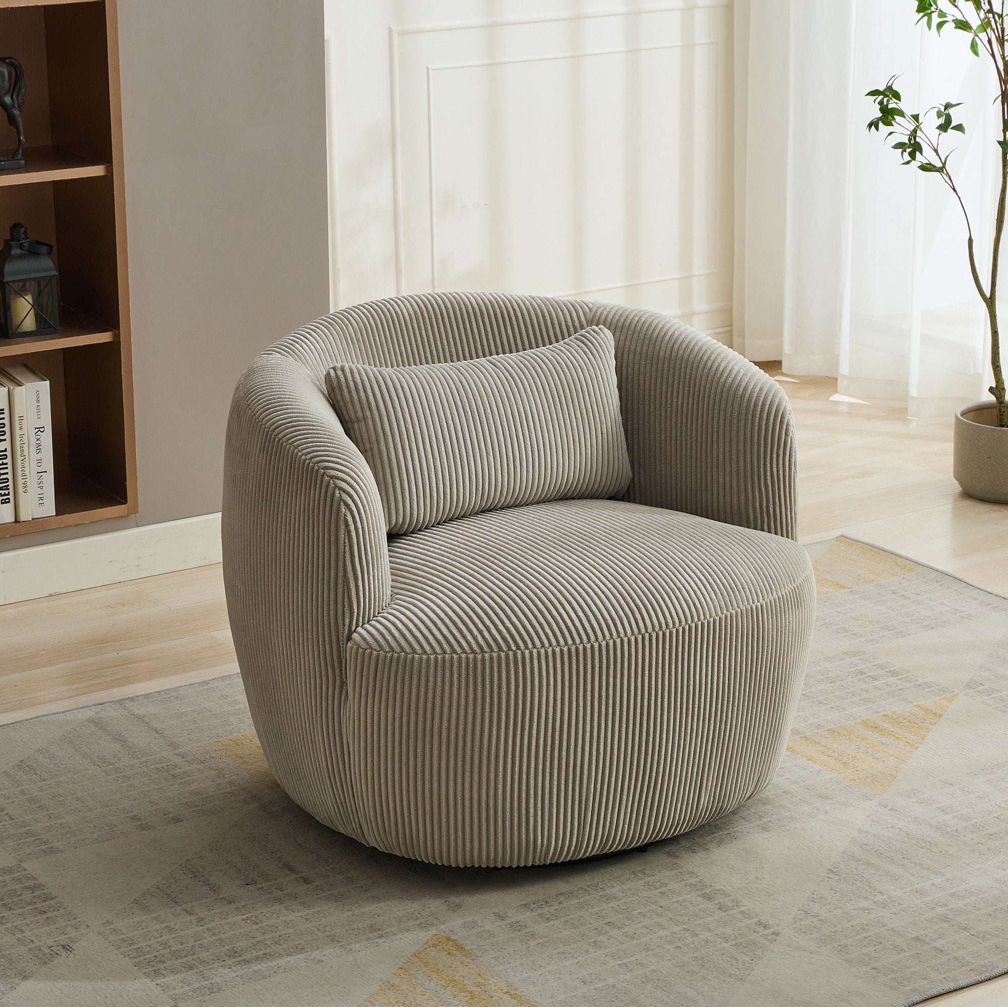 Wide Upholstered Corduroy 360° Swivel Barrel Soft Accent Chair with Pillow
