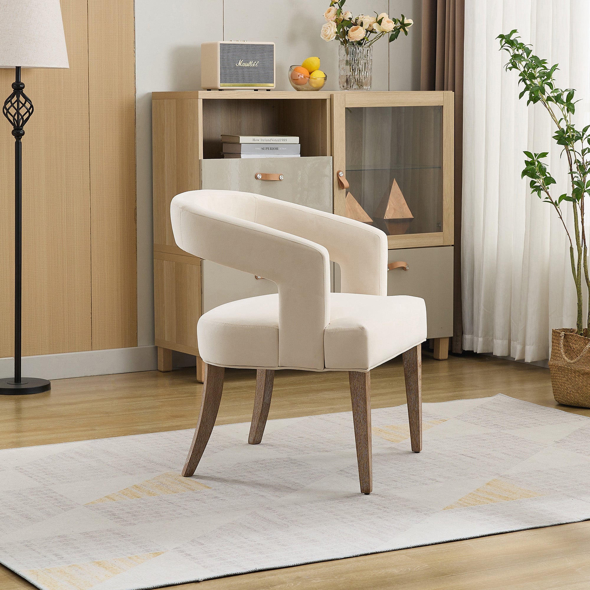 Velvet Open Back Barrel Upholstered Accent Chair with Weathered Solid Wood Legs
