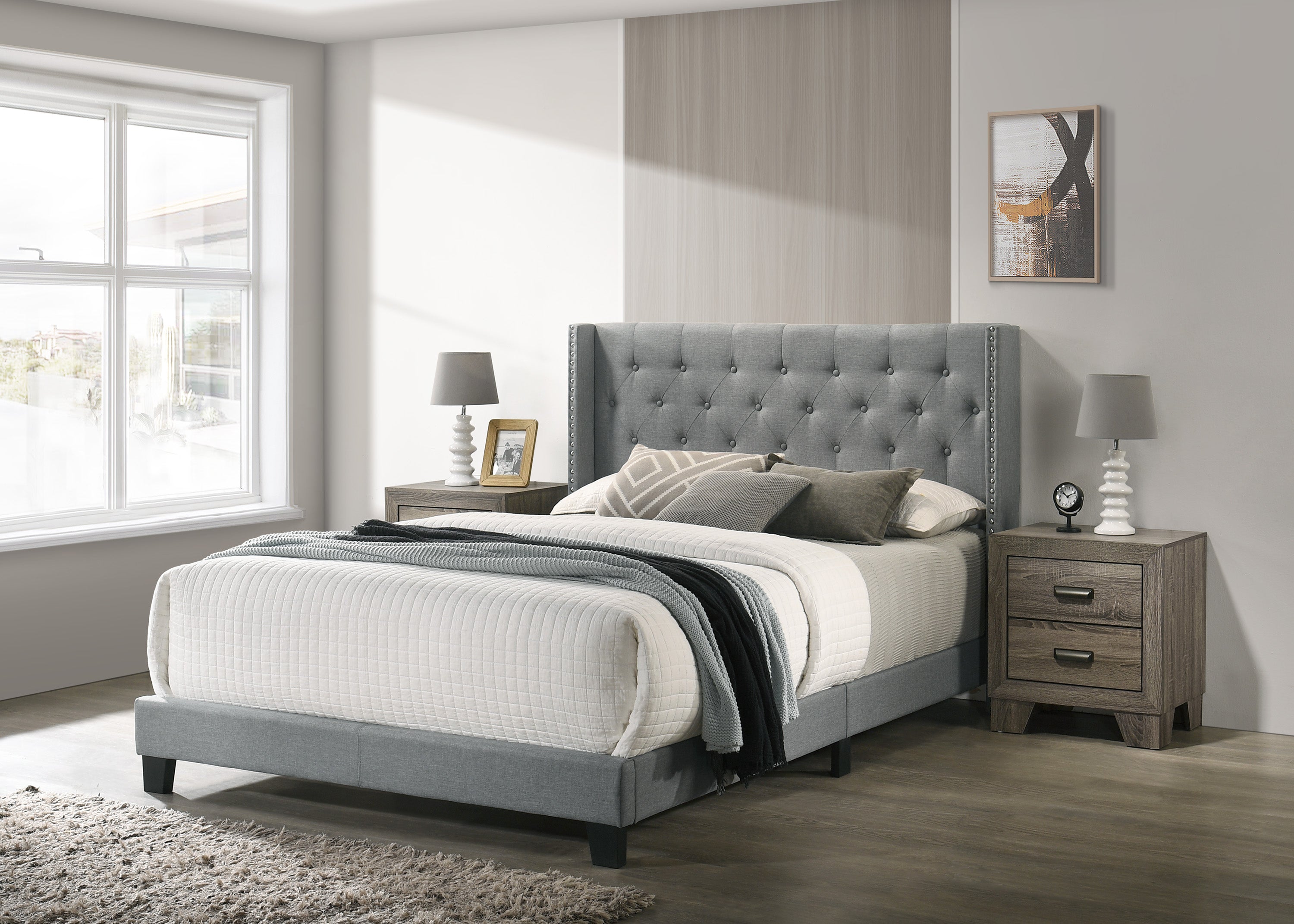 Button-Tufted Wingback Fabric Bed