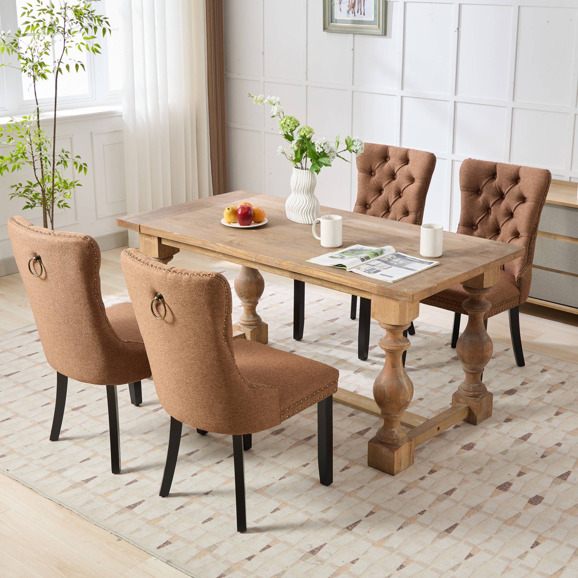 Rosewick Modern Tufted Linen Nailhead Trim Solid Wood Upholstered Dining Chair with Black Legs, Set of 2