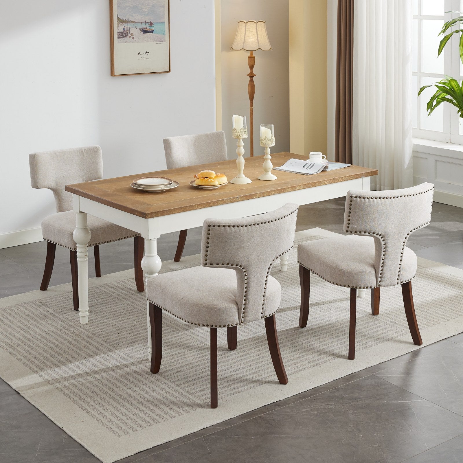 Mid Century Modern T-Back Dining Chairs with Nailhead Trim, Set of 2