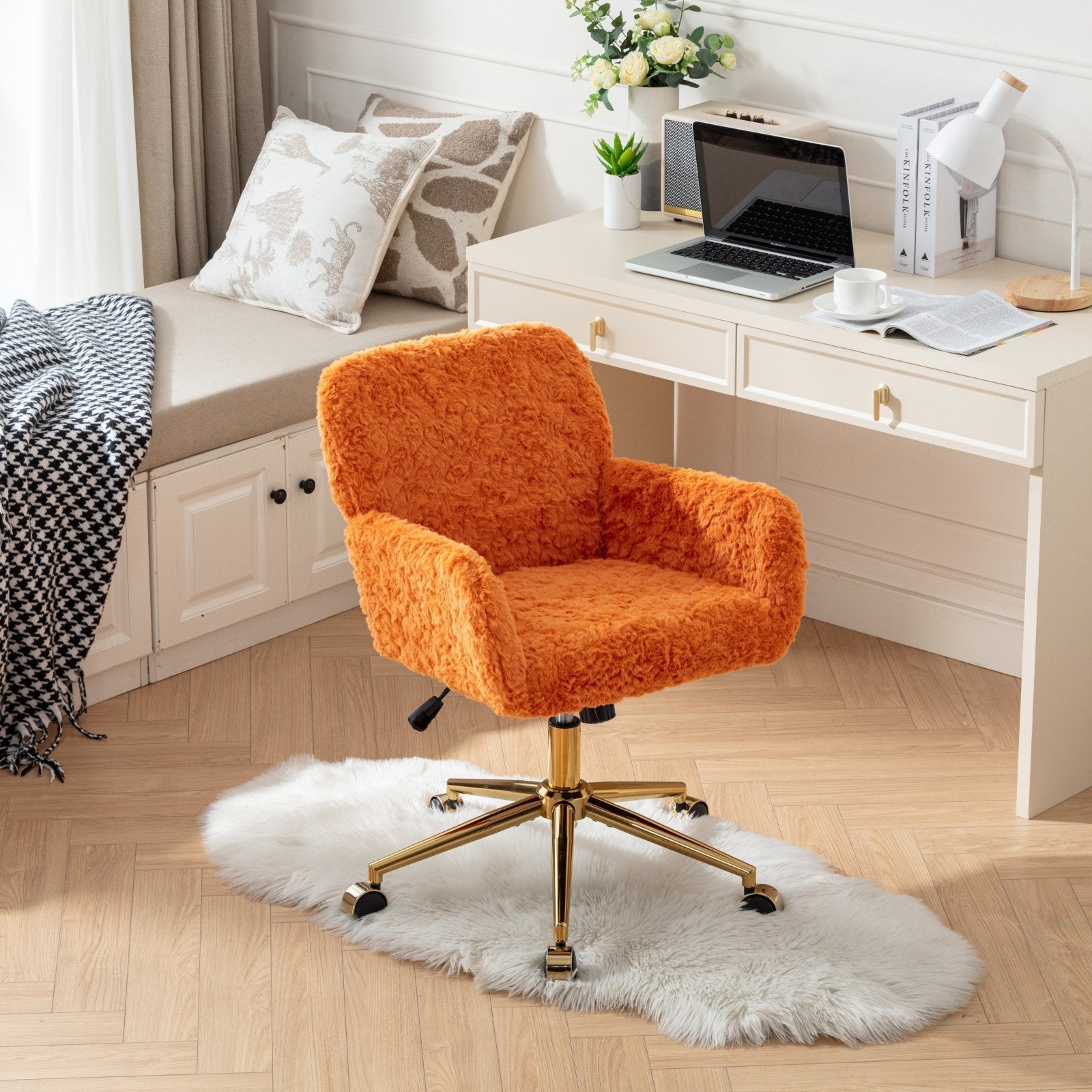Faux Rabbit Hair Office Chair with Golden Metal Base, Adjustable Swivel