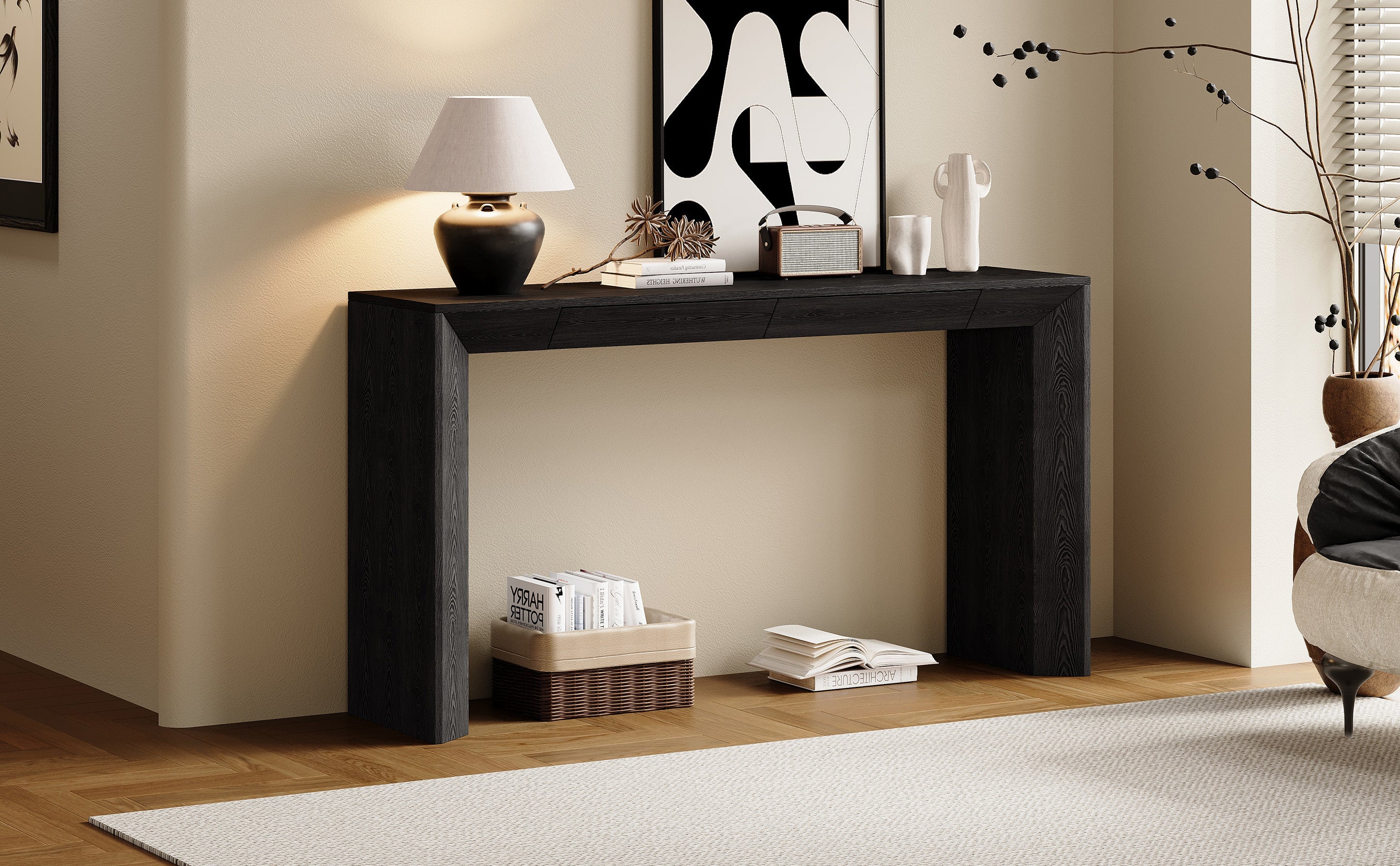 Modern Farmhouse Waterfall Console Table with 2 Concealed Drawers