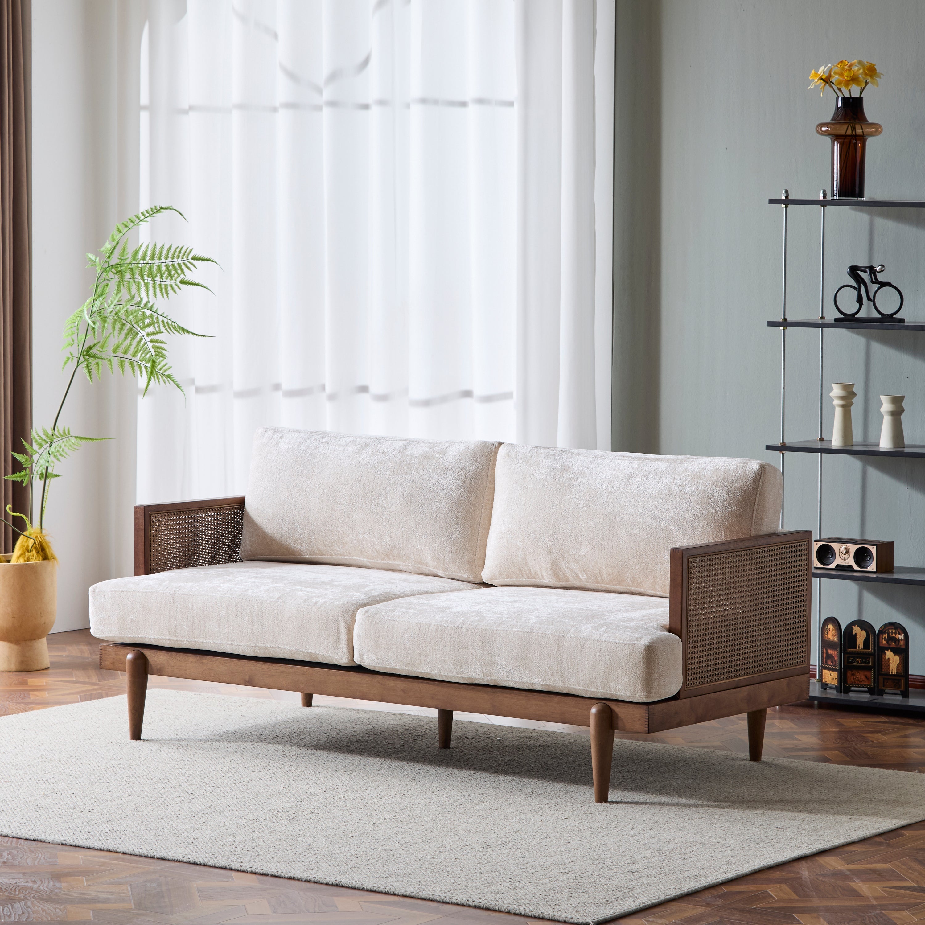 Square Arm 3-Seater Sofa with Cane Rattan and Wooden Frame