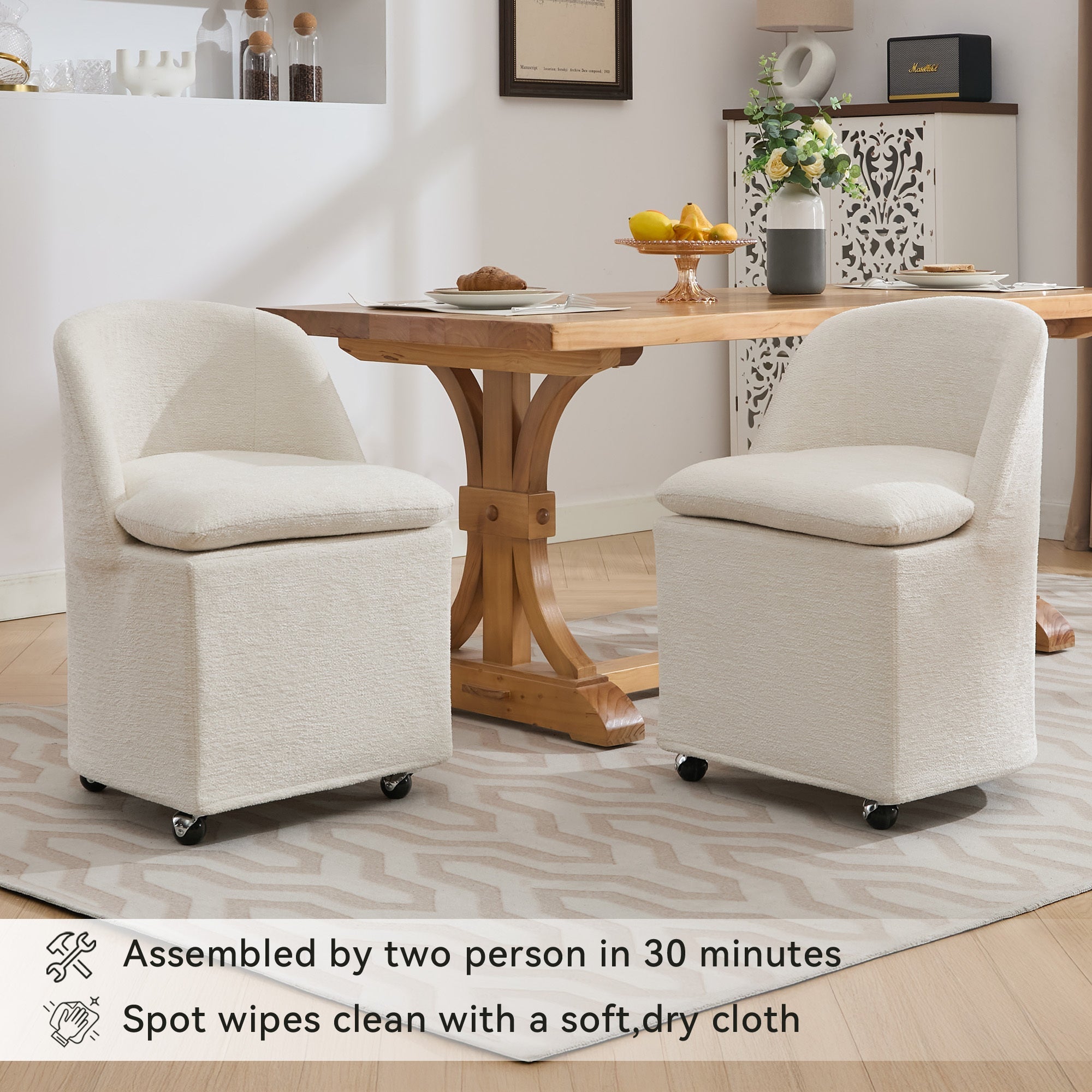 Greymont Chenille Upholstered Armless Dining Chairs With Wheels, Set of 2