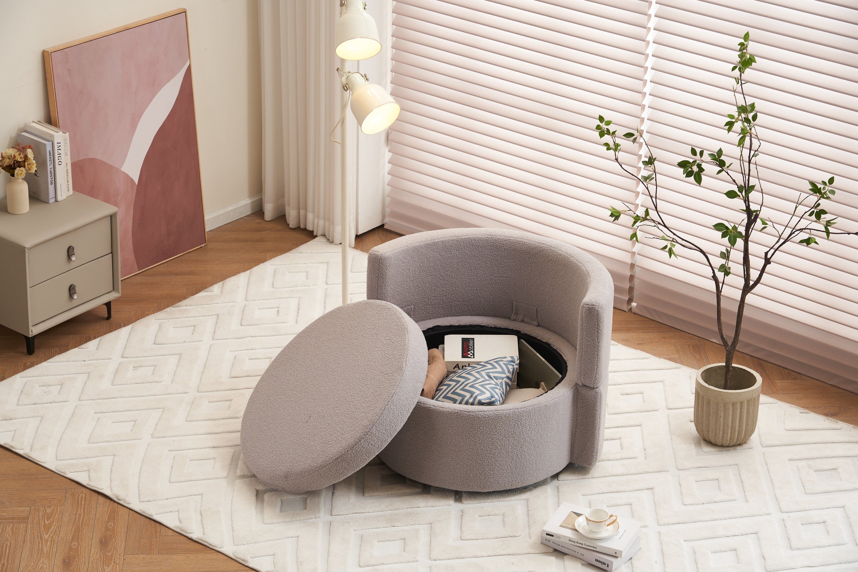 Teddy Fabric Swivel And Storage Chair With Back Cushion