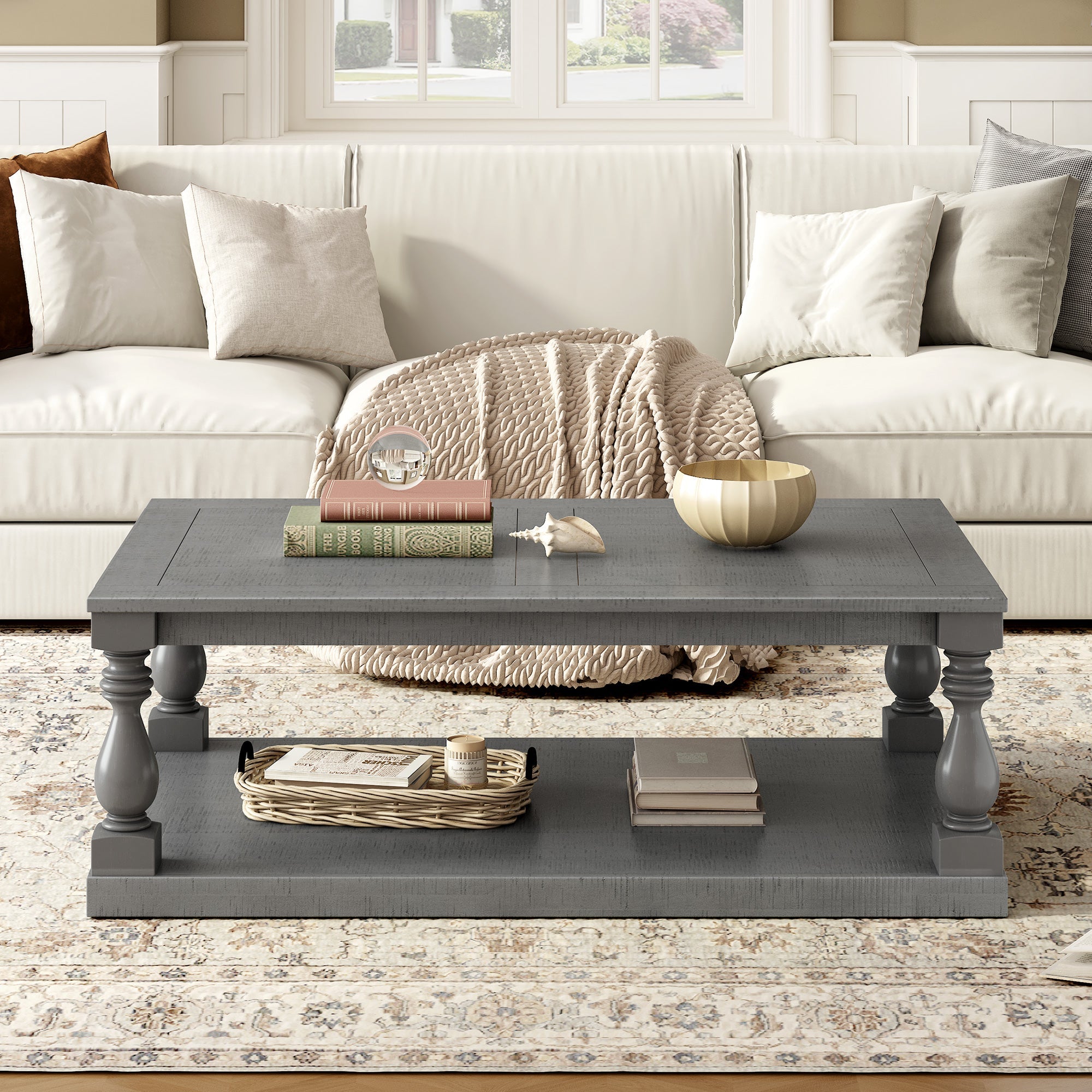 Farmhouse Turned-Leg Coffee Table with Bottom Shelf
