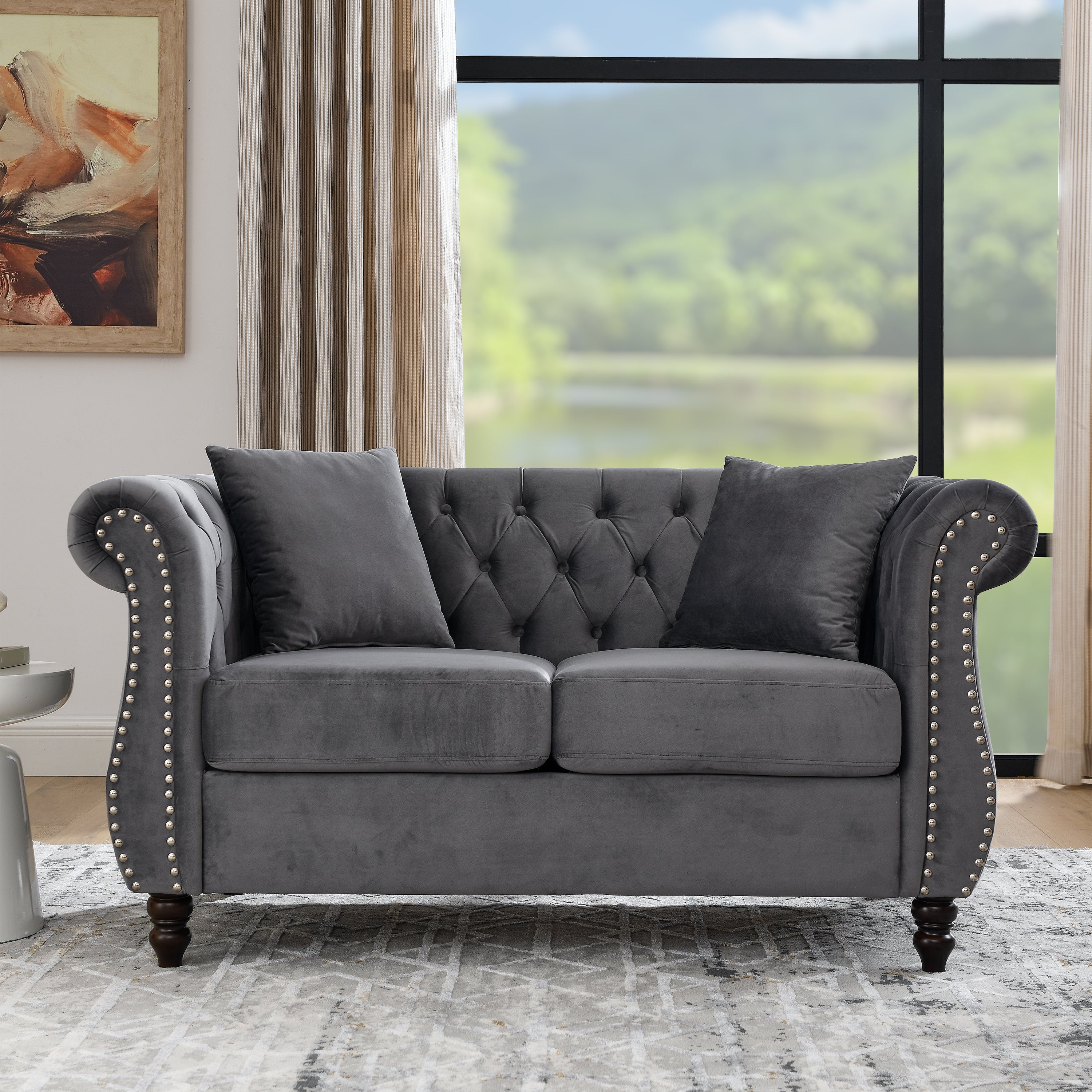 Nailhead Velvet Chesterfield Loveseat