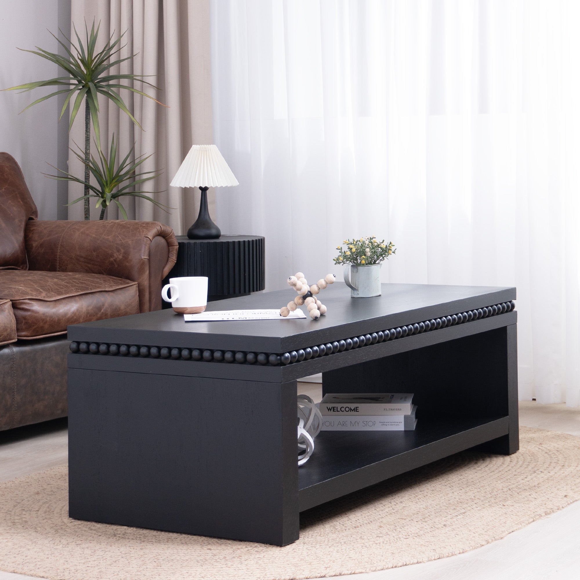 Modern Wood Coffee Table with Beaded Trim
