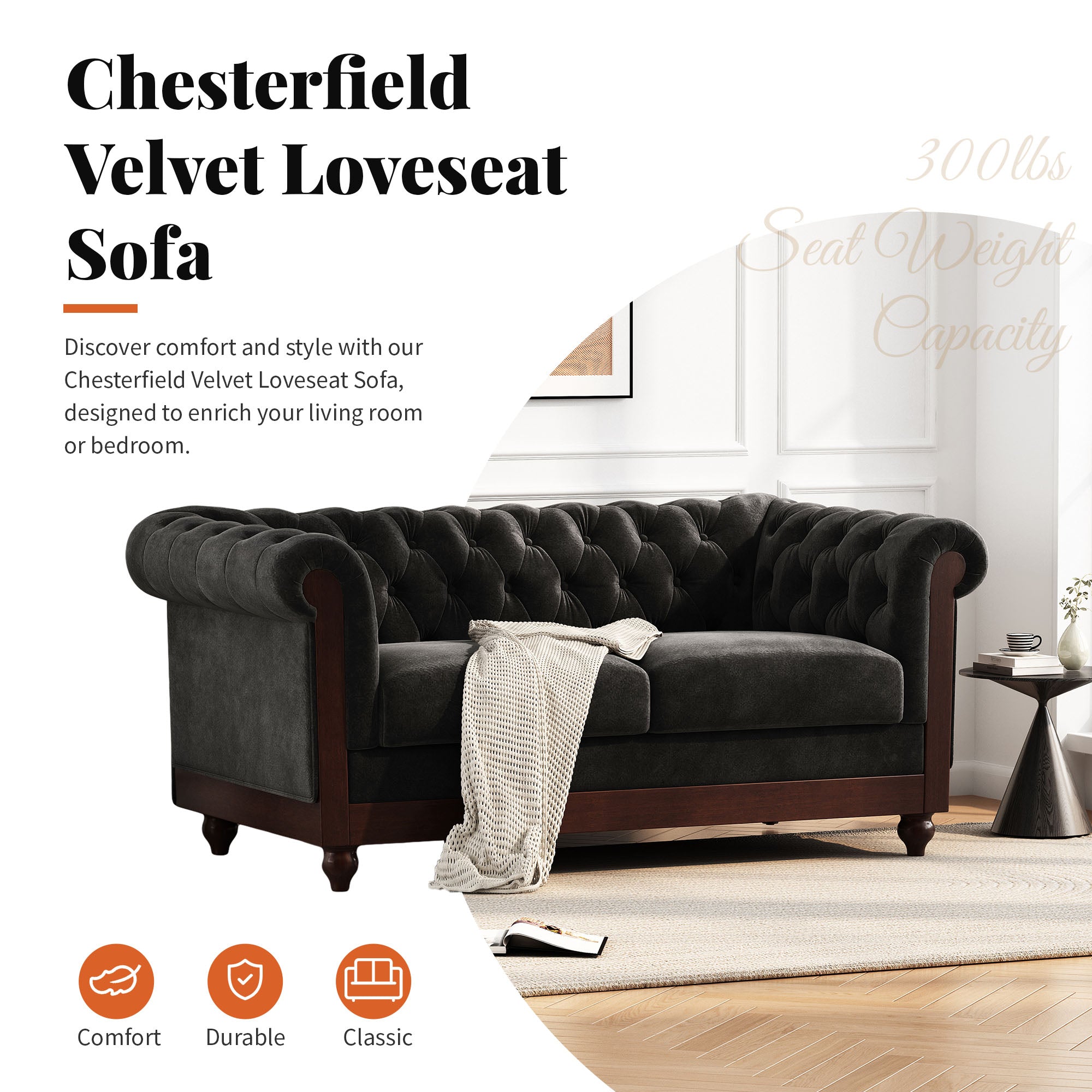 Velvet Rolled Arm Chesterfield Loveseat