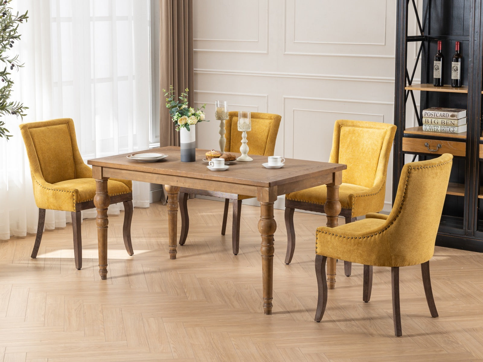 Square Back Upholstered Dining Chair with Bronze Nailhead Trim, Set of 2