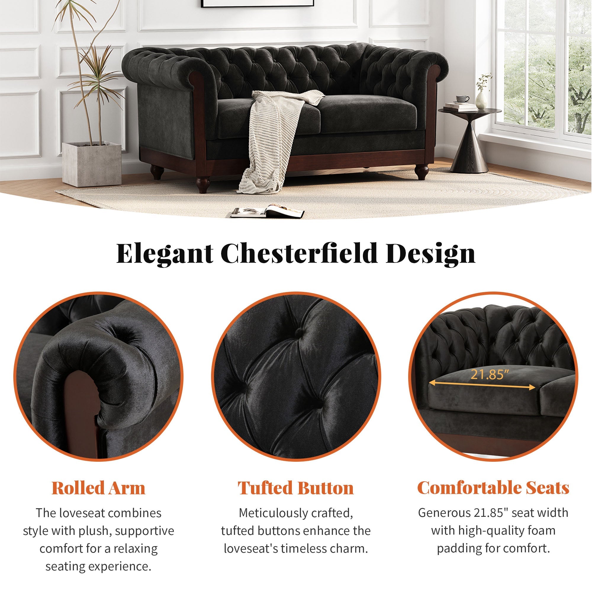 Velvet Rolled Arm Chesterfield Loveseat