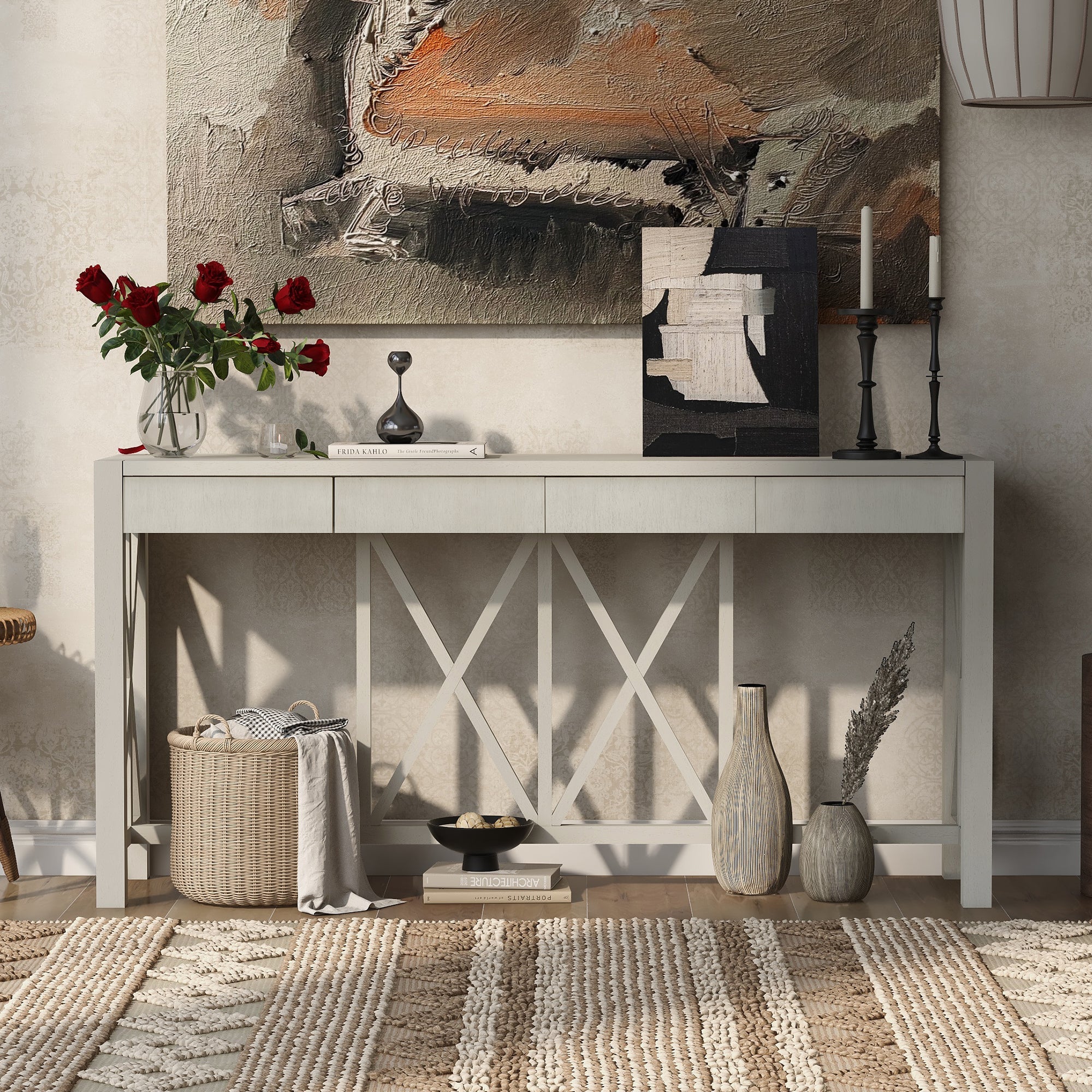 Modern Crisscross Design Entryway Table with Open Bottom Storage