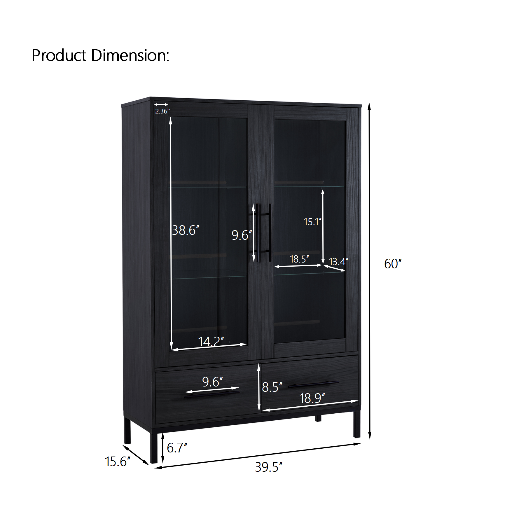 Wide Farmhouse Storage Cabinet with 4-Tier Adjustable Glass Shelves