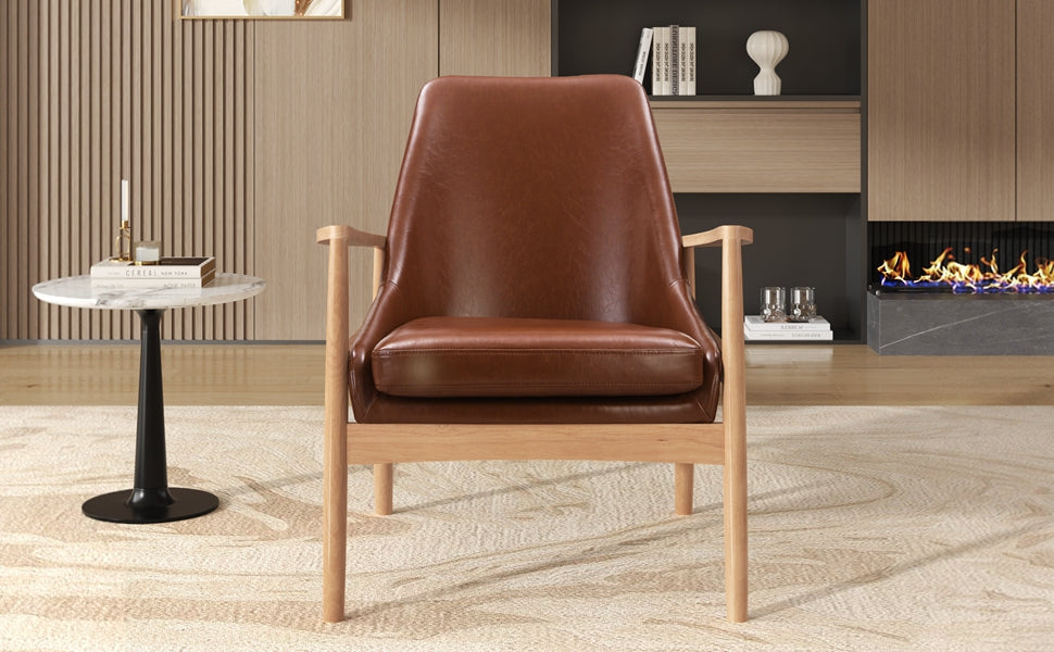 Faux Leather Mid-Century Modern Armchair with Solid Wood Frame