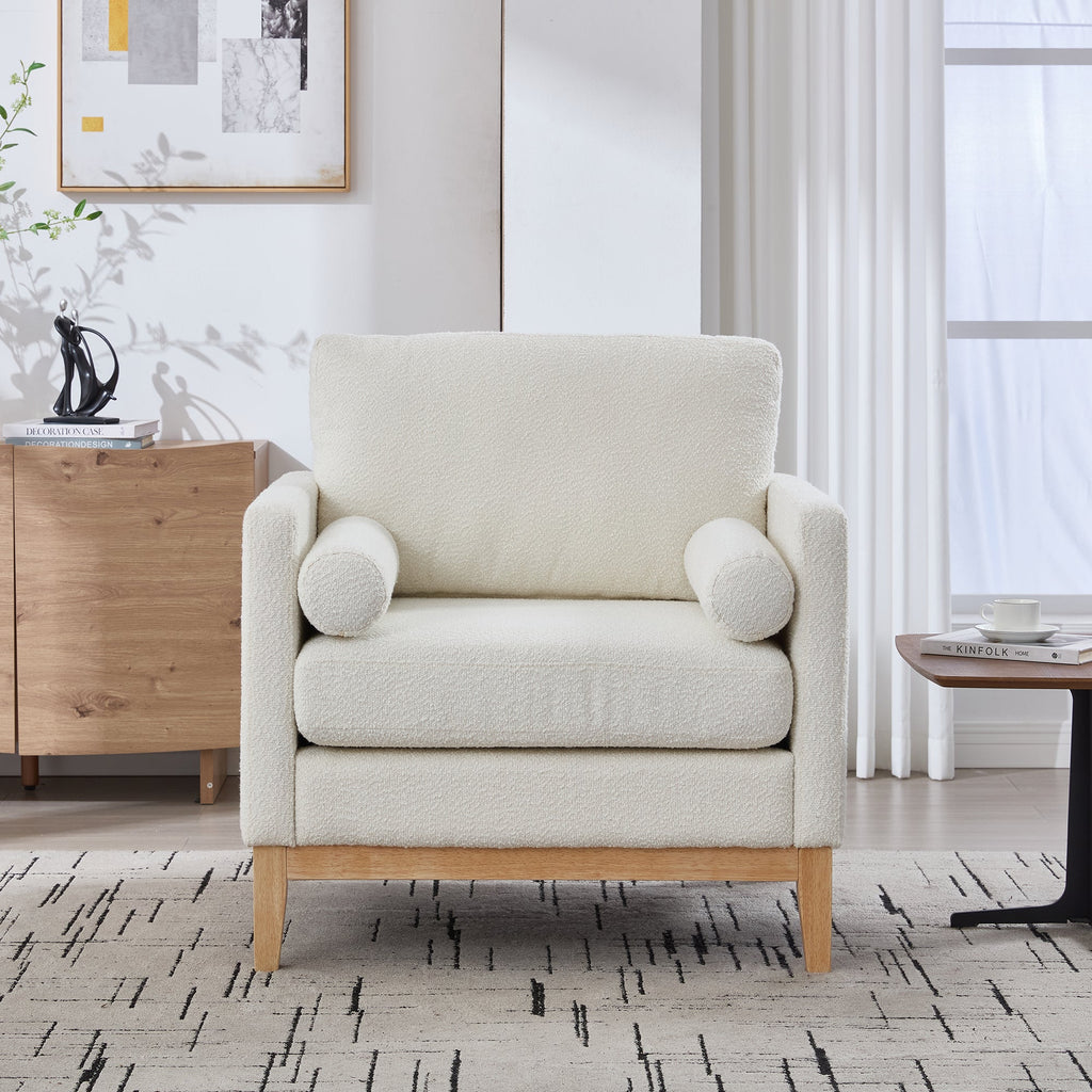 Wide Modern Farmhouse Performance Boucle Accent Chair with Natural Wood Legs and Two Bolster Pillows
