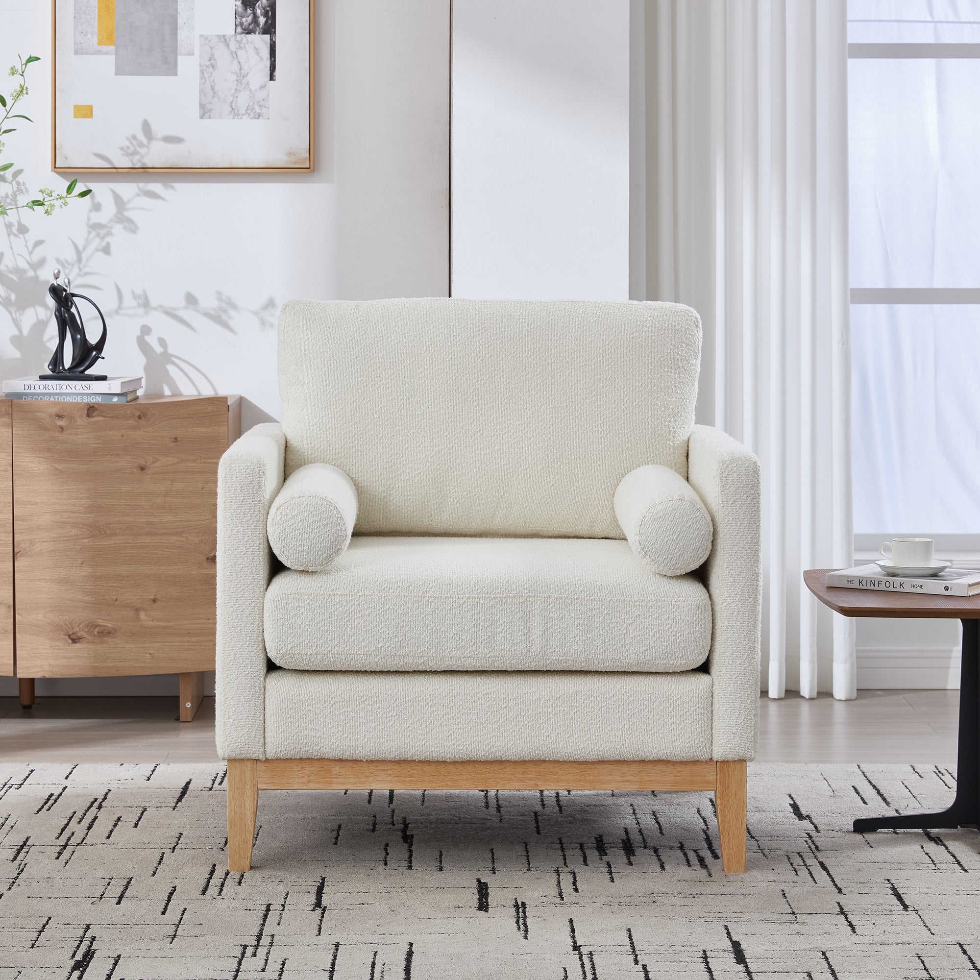 Wide Modern Farmhouse Performance Boucle Accent Chair with Natural Wood Legs and Two Bolster Pillows