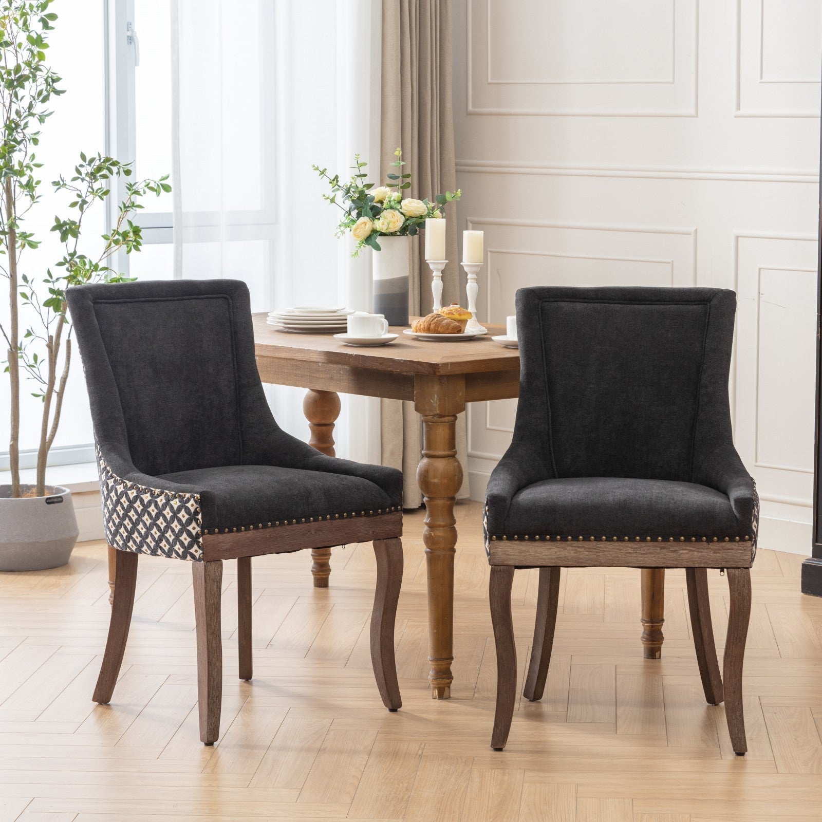 Square Patterned Back Upholstered Dining Chair with Bronze Nailhead Trim, Set of 2
