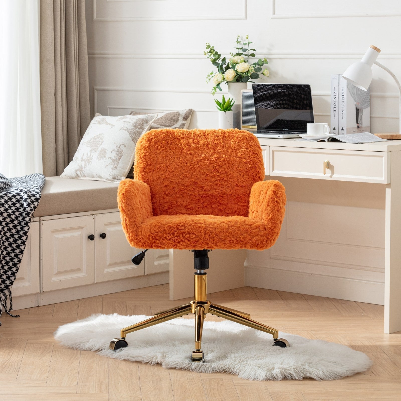 Faux Rabbit Hair Office Chair with Golden Metal Base, Adjustable Swivel