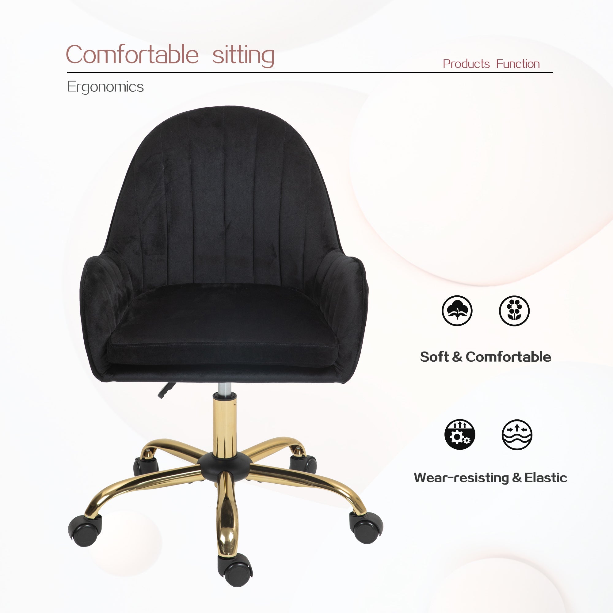 Velvet Home Office Chair with Wheels and Gold Metal Base