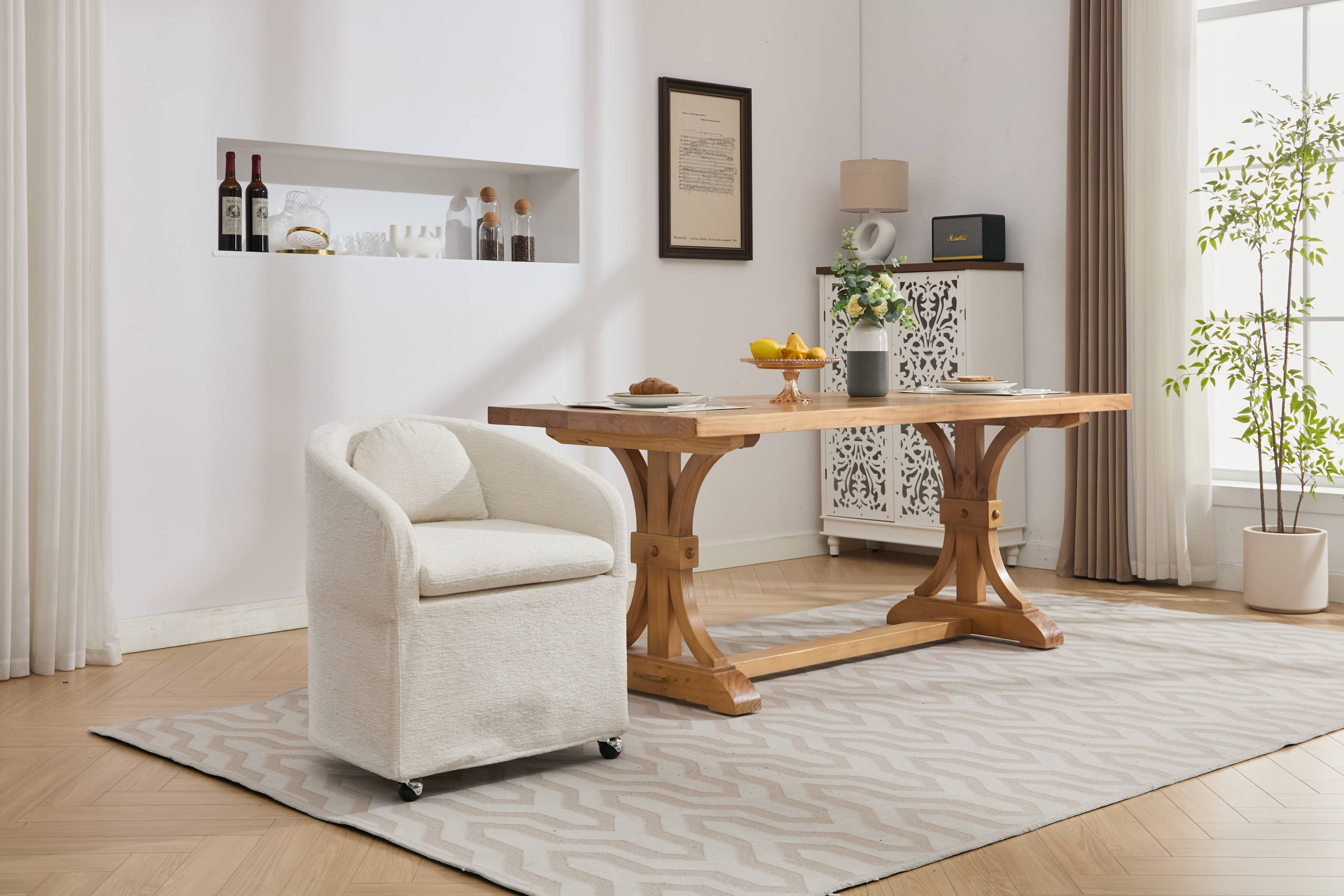 Cheswick Chenille Upholstered Dining Arm Chair With Back Cushion and Wheels
