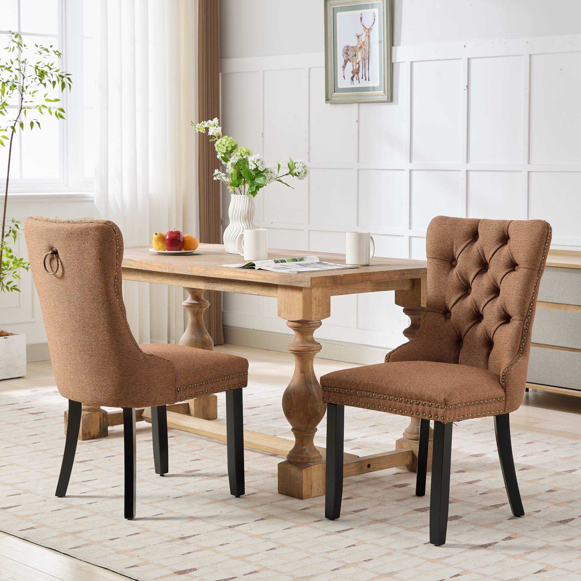 Rosewick Modern Tufted Linen Nailhead Trim Solid Wood Upholstered Dining Chair with Black Legs, Set of 2
