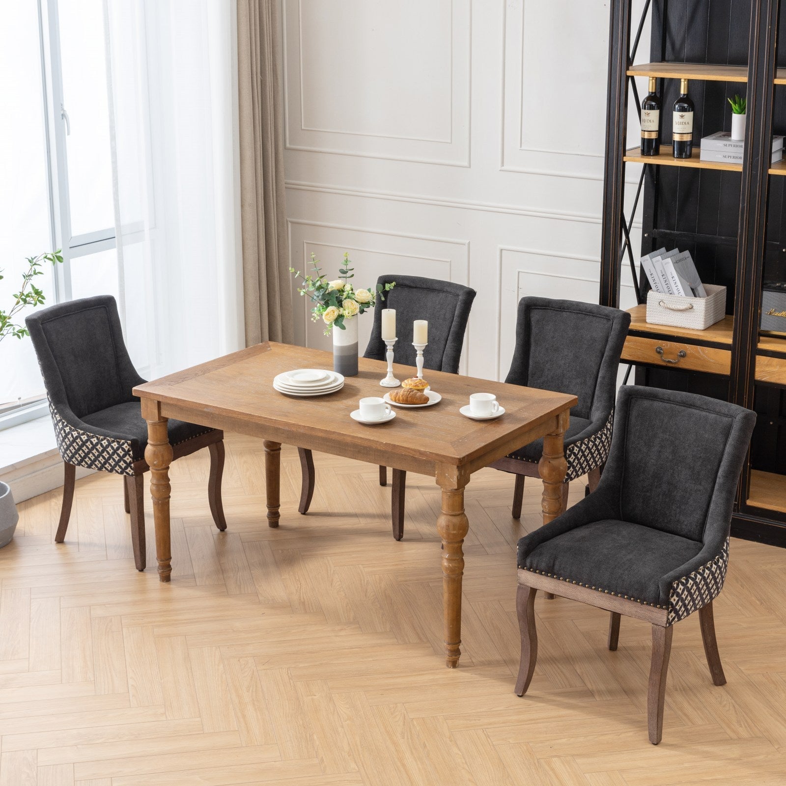 Square Patterned Back Upholstered Dining Chair with Bronze Nailhead Trim, Set of 2