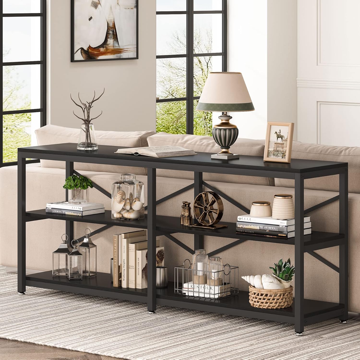 Runford Modern Entryway Table with Metal Frame & X-Back Design